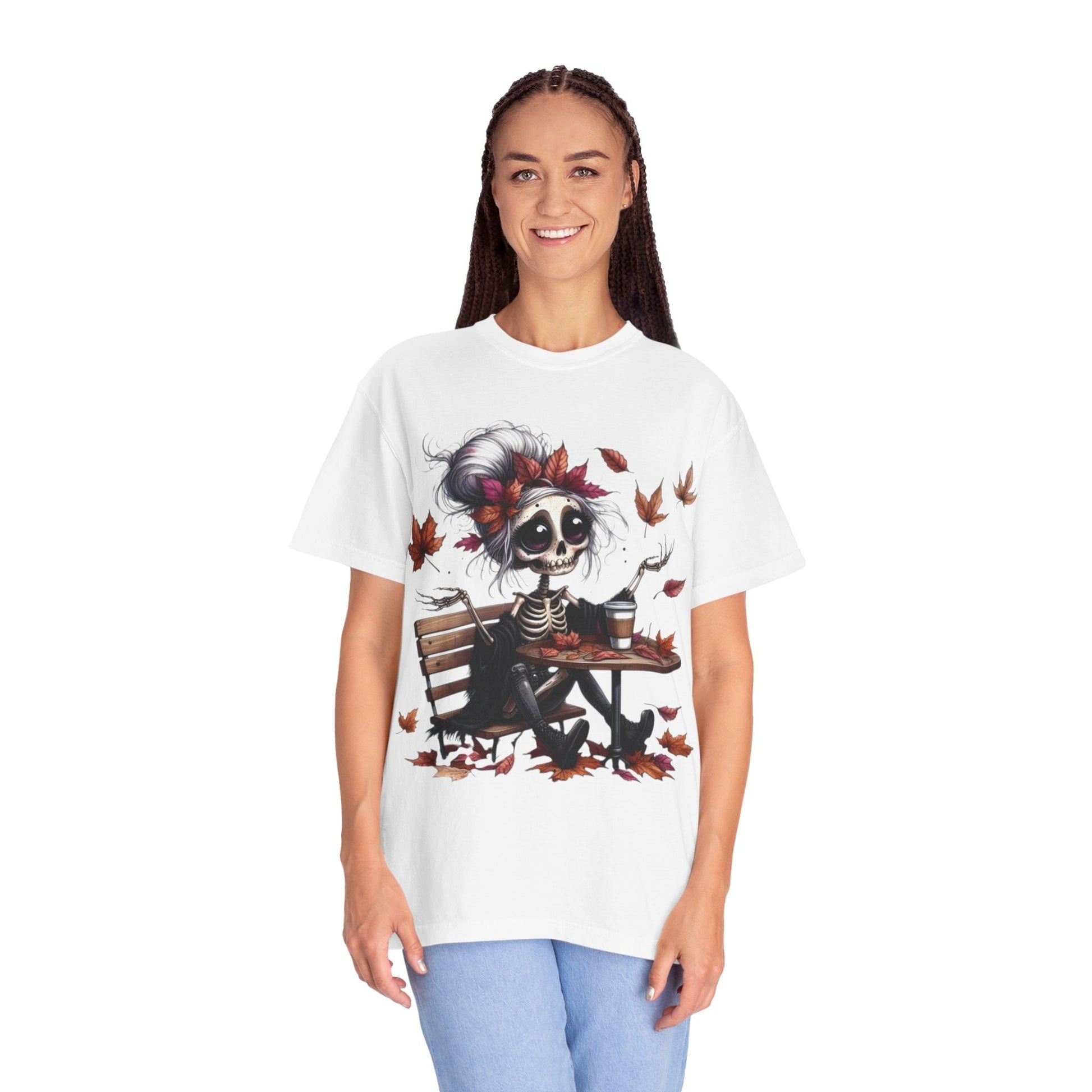 Autumn Vibe Skeleton Tee, Unisex Garment - Dyed T-shirt, Halloween Shirt, Fall Apparel, Skull Graphic Tee, Everyday Casual Wear - Metamorphosis Creations