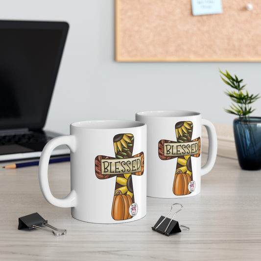 Blessed Fall Themed Mug, Perfect Gift for Thanksgiving, Christian Decor, Cozy Home Vibes, Cross Design, Pumpkin Lover's Mug - Metamorphosis Creations