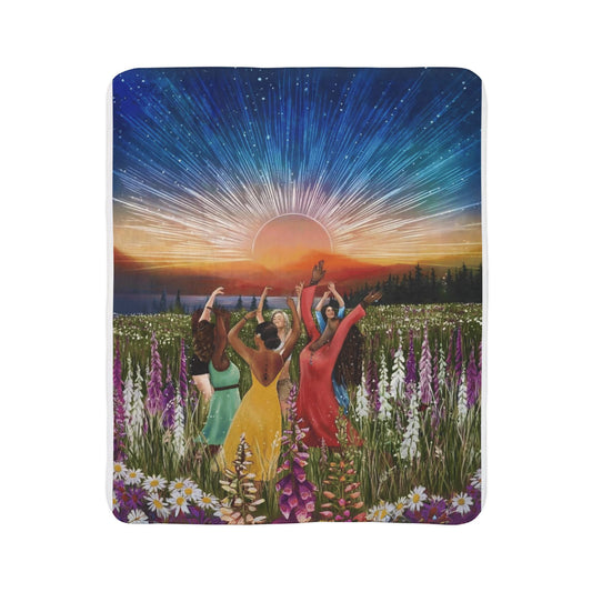 boho sherpa blanket with sunset dancing women scene
sunset fleece throw blanket folded on couch
artistic sherpa blanket for nature lovers lifestyle photo