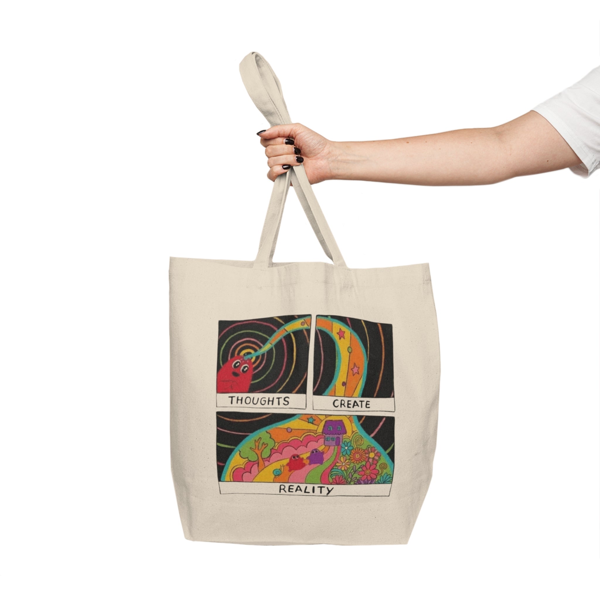 Carry Positivity Everywhere You Go Thoughts Create Reality Tote Bag, Eco - Friendly Shopping Tote, Motivational Canvas Bag, Reusable Grocery Tote, Gift for Mindfulness Lovers - Metamorphosis Creations