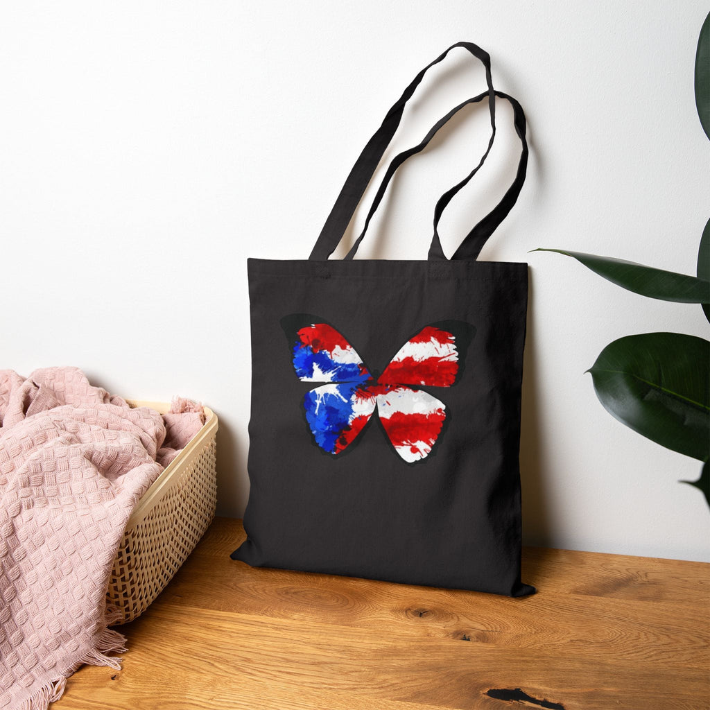 Carry Your Culture – Puerto Rican Pride in Every Step Patriotic Butterfly Cotton Canvas Tote Bag: Eco - Friendly Grocery, Beach, School, or Gift Bag, USA Flag Design - Metamorphosis Creations