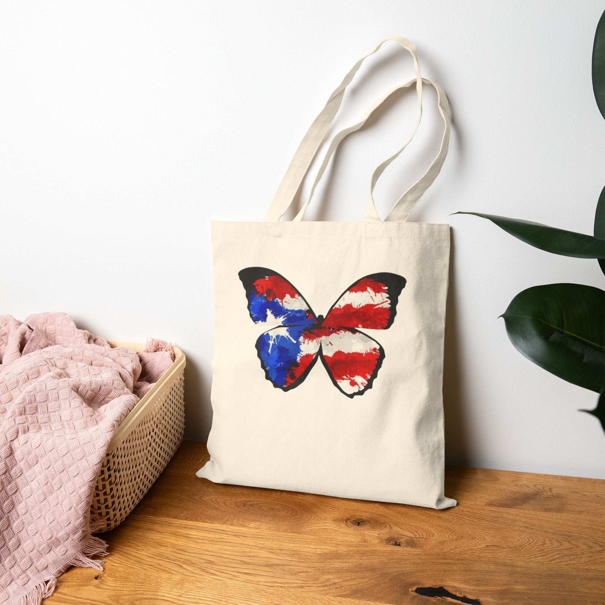Carry Your Culture – Puerto Rican Pride in Every Step Patriotic Butterfly Cotton Canvas Tote Bag: Eco - Friendly Grocery, Beach, School, or Gift Bag, USA Flag Design - Metamorphosis Creations