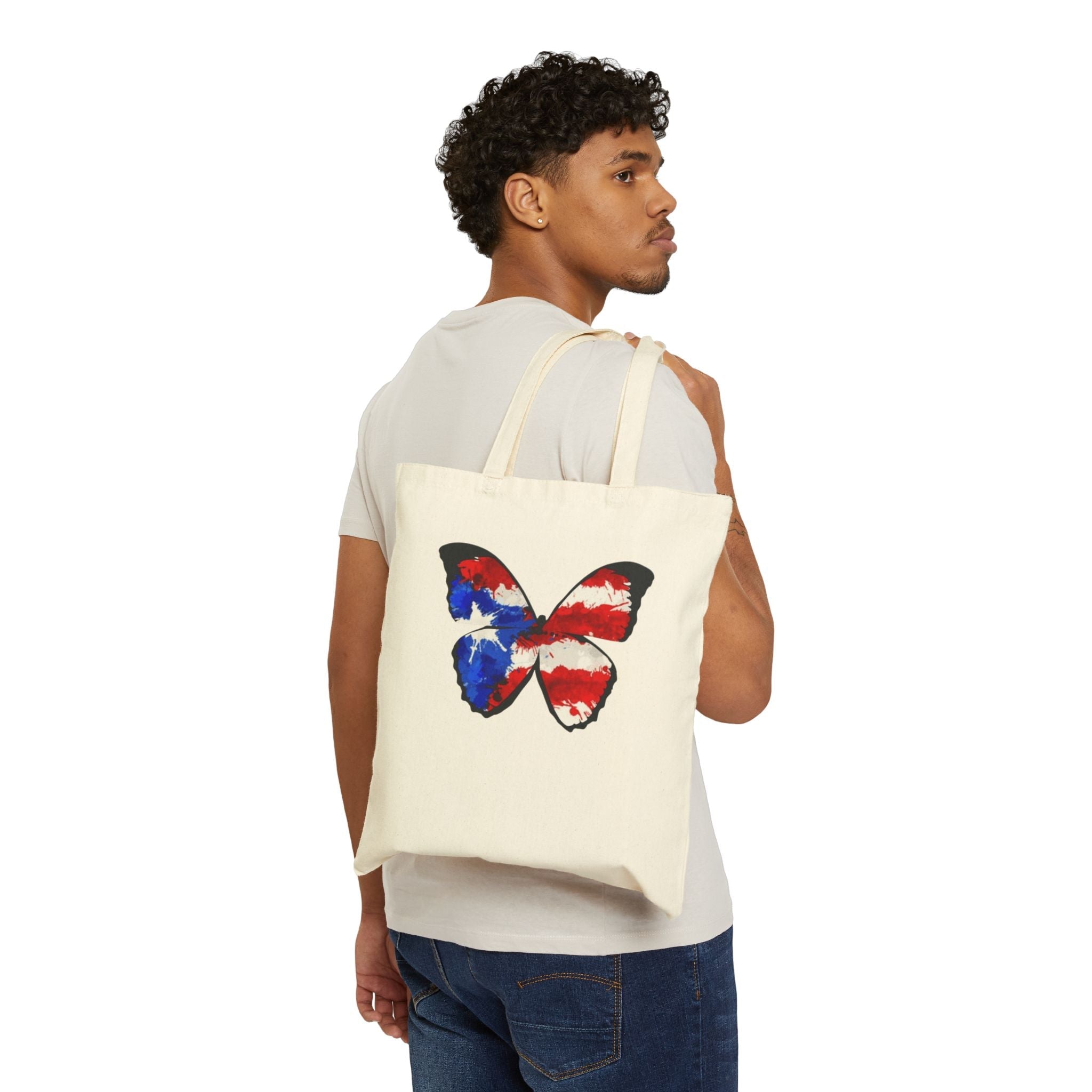 Carry Your Culture – Puerto Rican Pride in Every Step Patriotic Butterfly Cotton Canvas Tote Bag: Eco - Friendly Grocery, Beach, School, or Gift Bag, USA Flag Design - Metamorphosis Creations