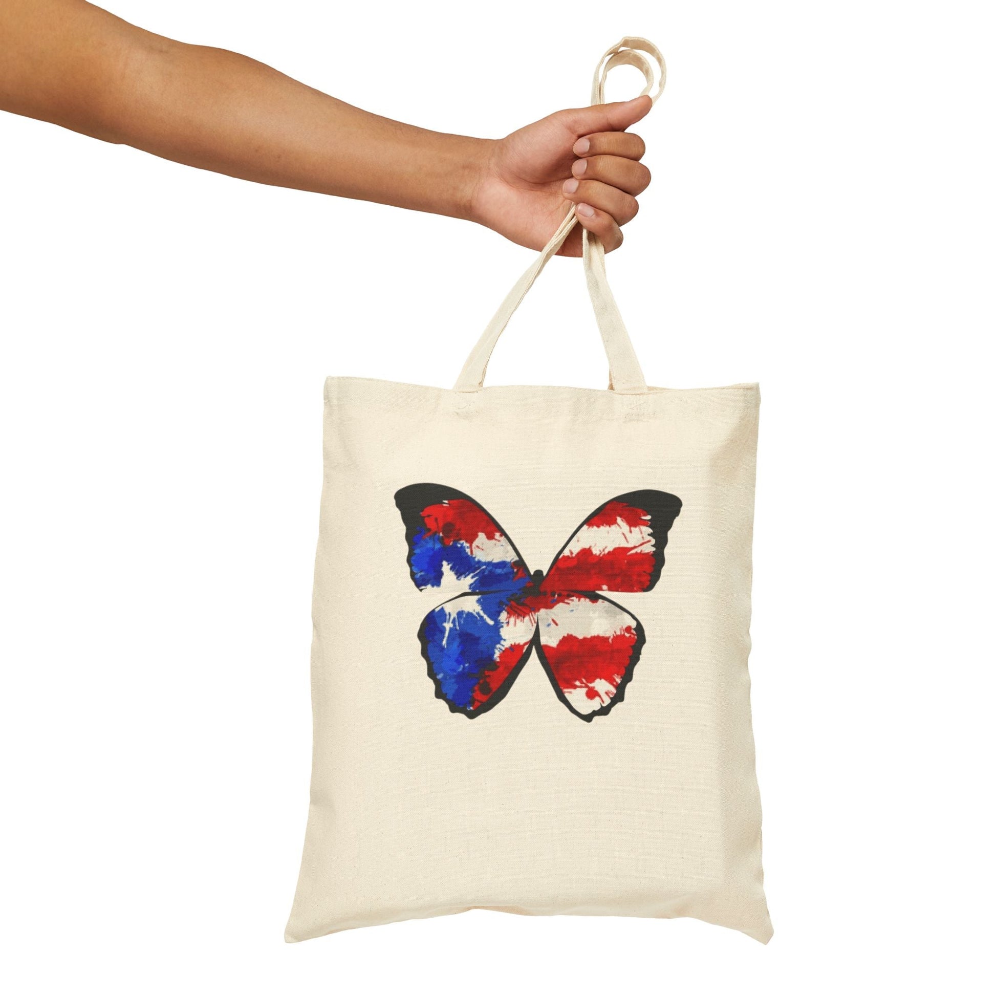 Carry Your Culture – Puerto Rican Pride in Every Step Patriotic Butterfly Cotton Canvas Tote Bag: Eco - Friendly Grocery, Beach, School, or Gift Bag, USA Flag Design - Metamorphosis Creations