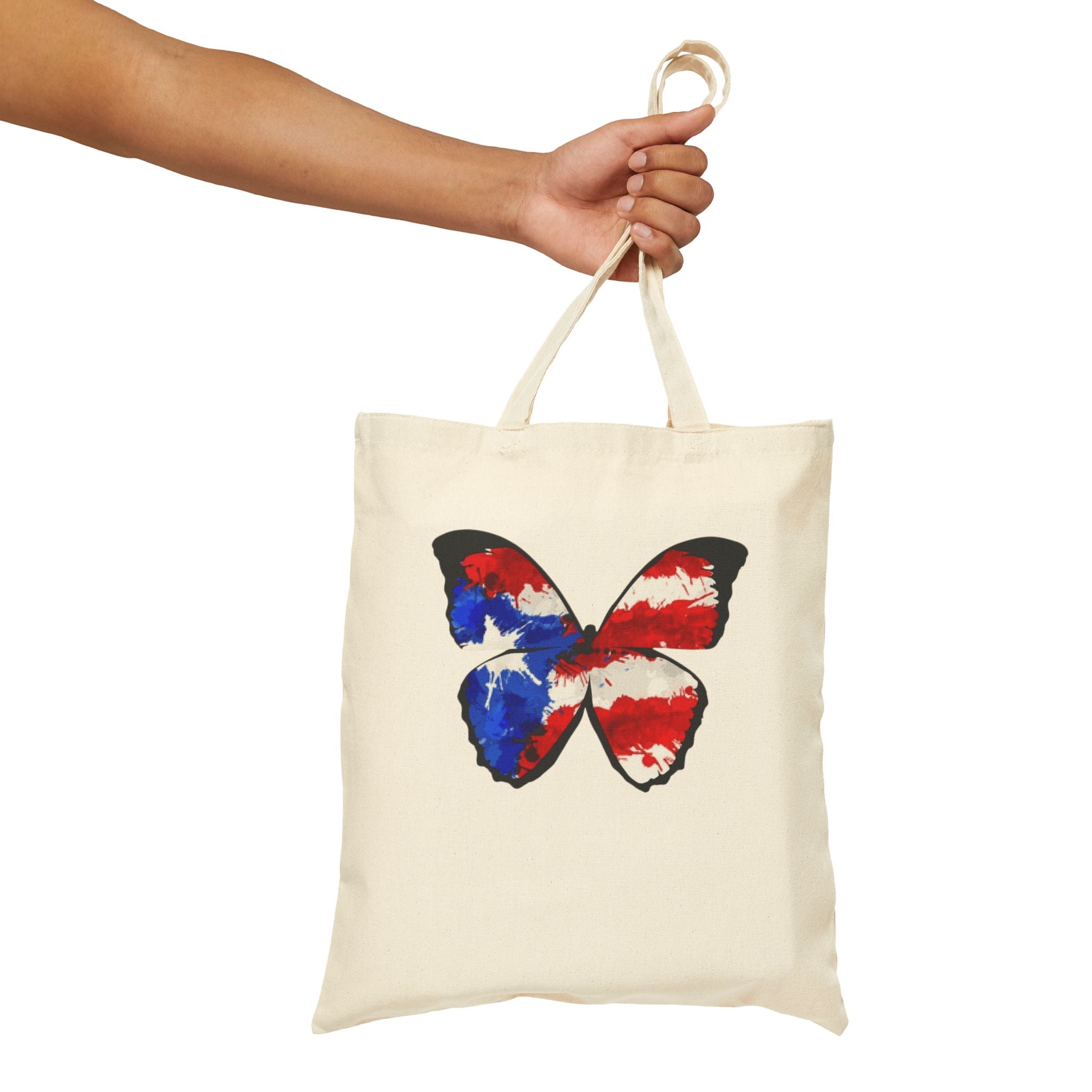 Carry Your Culture – Puerto Rican Pride in Every Step Patriotic Butterfly Cotton Canvas Tote Bag: Eco - Friendly Grocery, Beach, School, or Gift Bag, USA Flag Design - Metamorphosis Creations