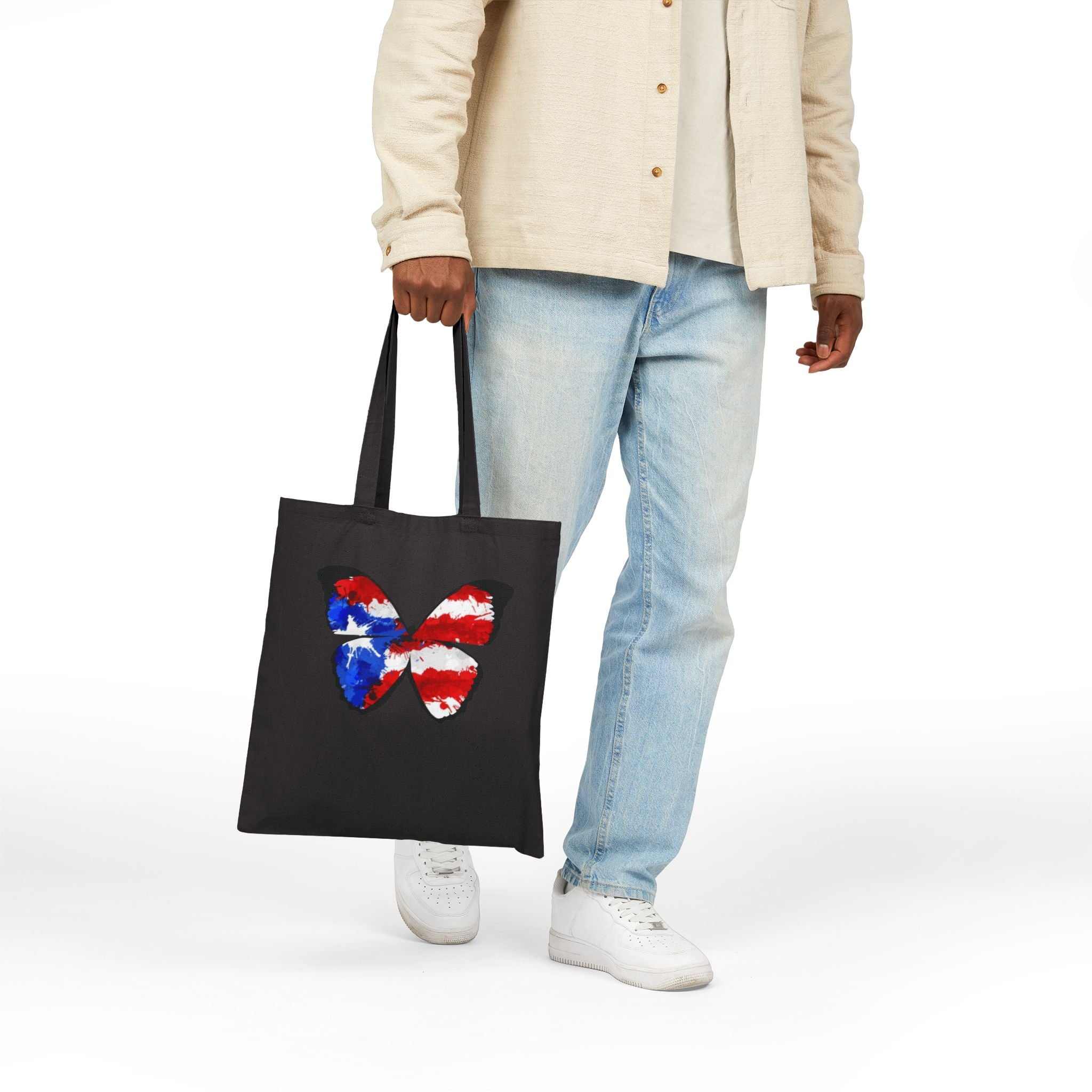 Carry Your Culture – Puerto Rican Pride in Every Step Patriotic Butterfly Cotton Canvas Tote Bag: Eco - Friendly Grocery, Beach, School, or Gift Bag, USA Flag Design - Metamorphosis Creations