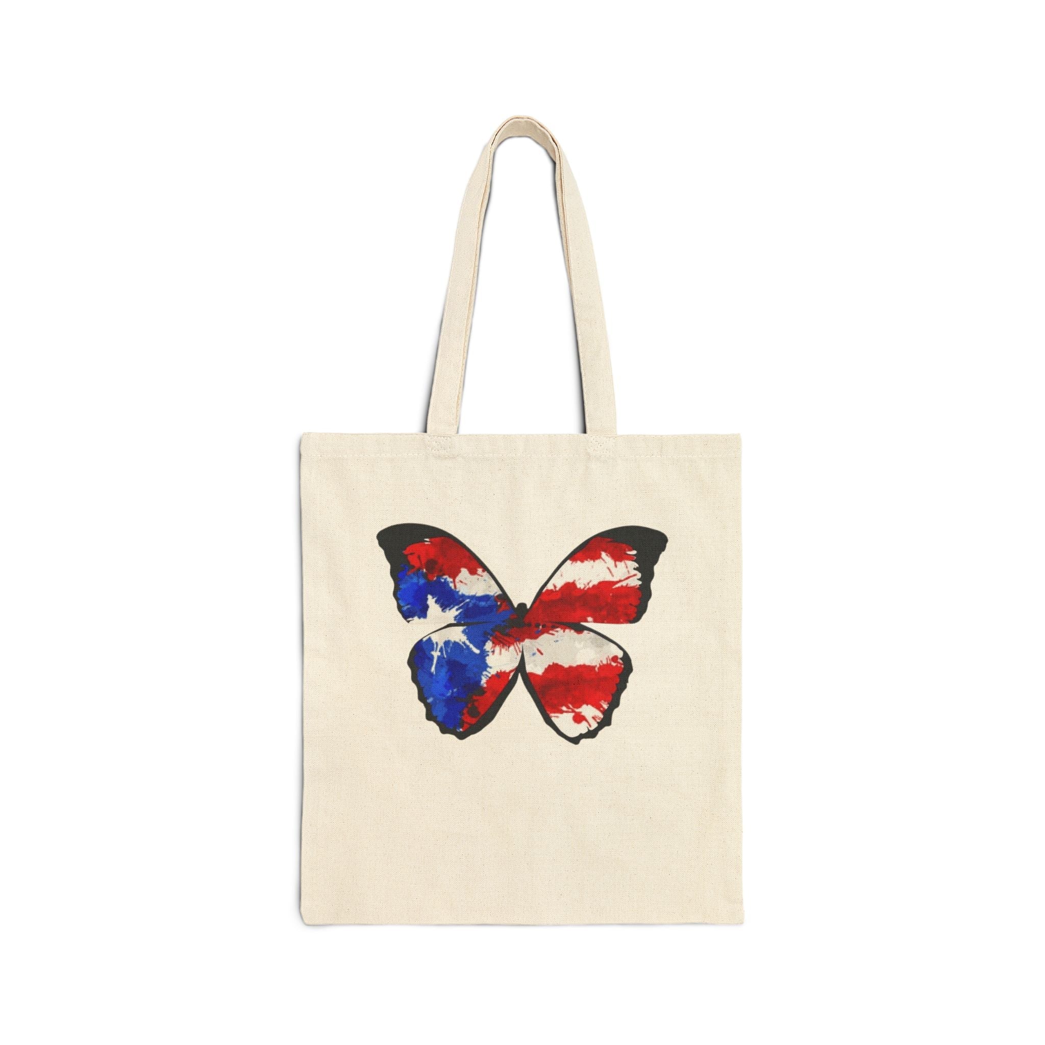 Carry Your Culture – Puerto Rican Pride in Every Step Patriotic Butterfly Cotton Canvas Tote Bag: Eco - Friendly Grocery, Beach, School, or Gift Bag, USA Flag Design - Metamorphosis Creations