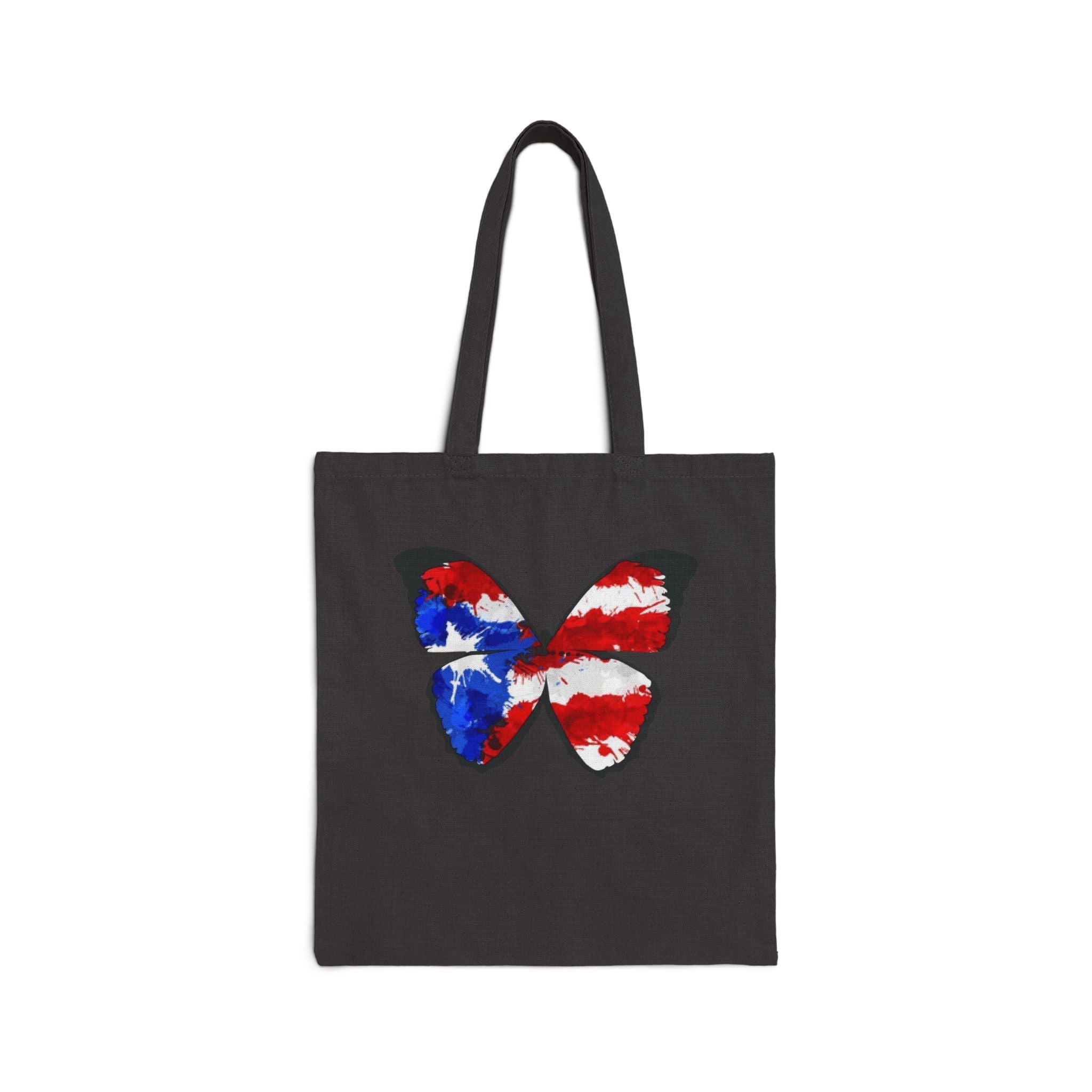 Carry Your Culture – Puerto Rican Pride in Every Step Patriotic Butterfly Cotton Canvas Tote Bag: Eco - Friendly Grocery, Beach, School, or Gift Bag, USA Flag Design - Metamorphosis Creations