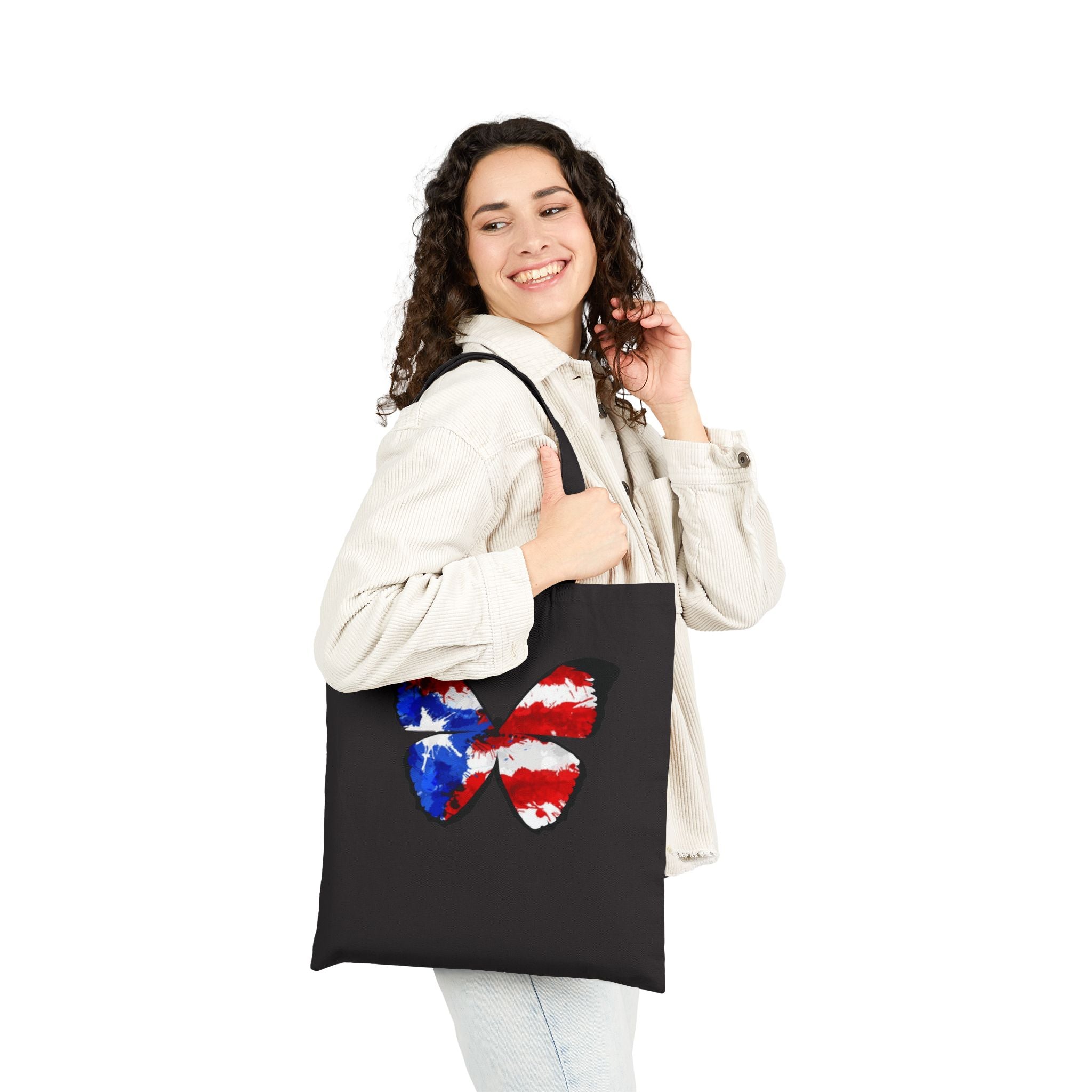 Carry Your Culture – Puerto Rican Pride in Every Step Patriotic Butterfly Cotton Canvas Tote Bag: Eco - Friendly Grocery, Beach, School, or Gift Bag, USA Flag Design - Metamorphosis Creations