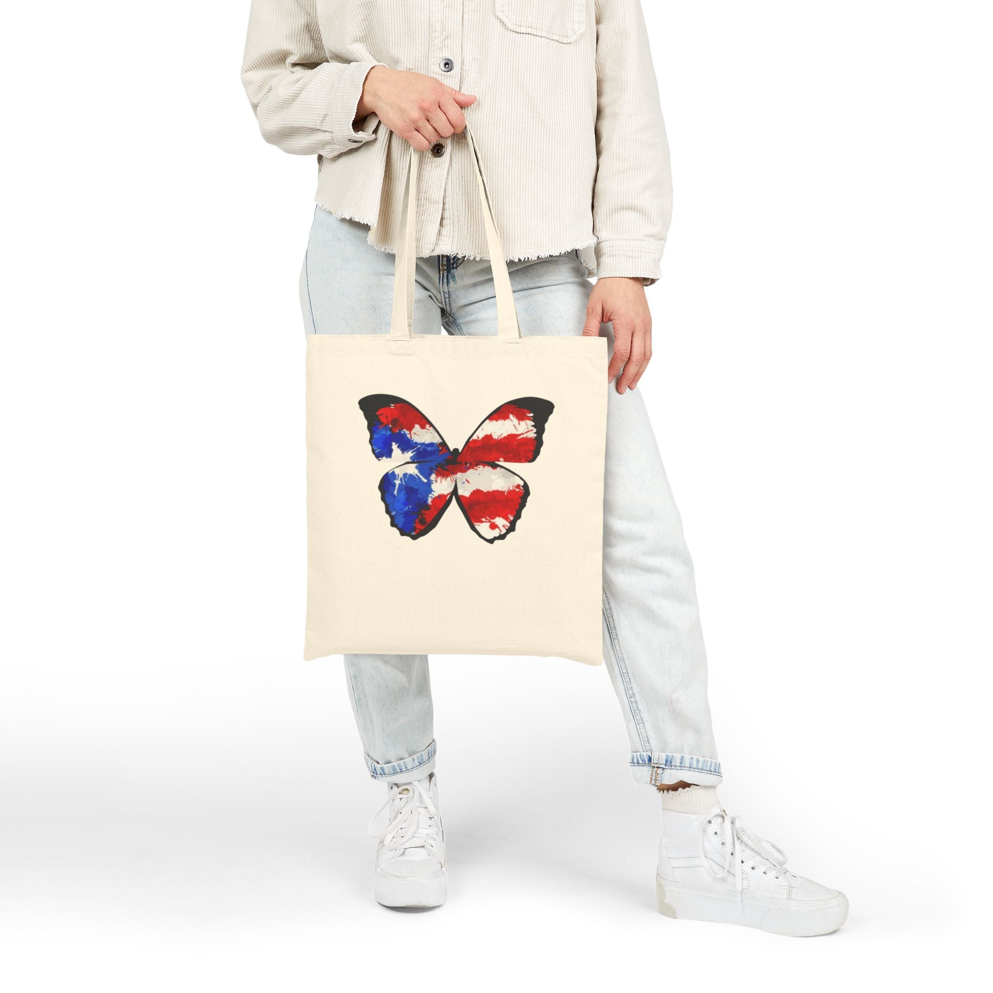 Carry Your Culture – Puerto Rican Pride in Every Step Patriotic Butterfly Cotton Canvas Tote Bag: Eco - Friendly Grocery, Beach, School, or Gift Bag, USA Flag Design - Metamorphosis Creations