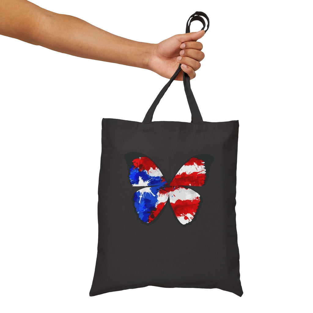 Carry Your Culture – Puerto Rican Pride in Every Step Patriotic Butterfly Cotton Canvas Tote Bag: Eco - Friendly Grocery, Beach, School, or Gift Bag, USA Flag Design - Metamorphosis Creations