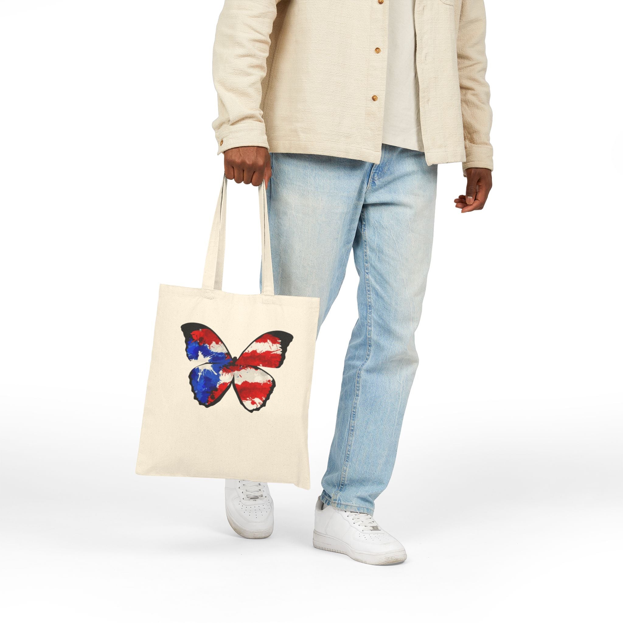 Carry Your Culture – Puerto Rican Pride in Every Step Patriotic Butterfly Cotton Canvas Tote Bag: Eco - Friendly Grocery, Beach, School, or Gift Bag, USA Flag Design - Metamorphosis Creations