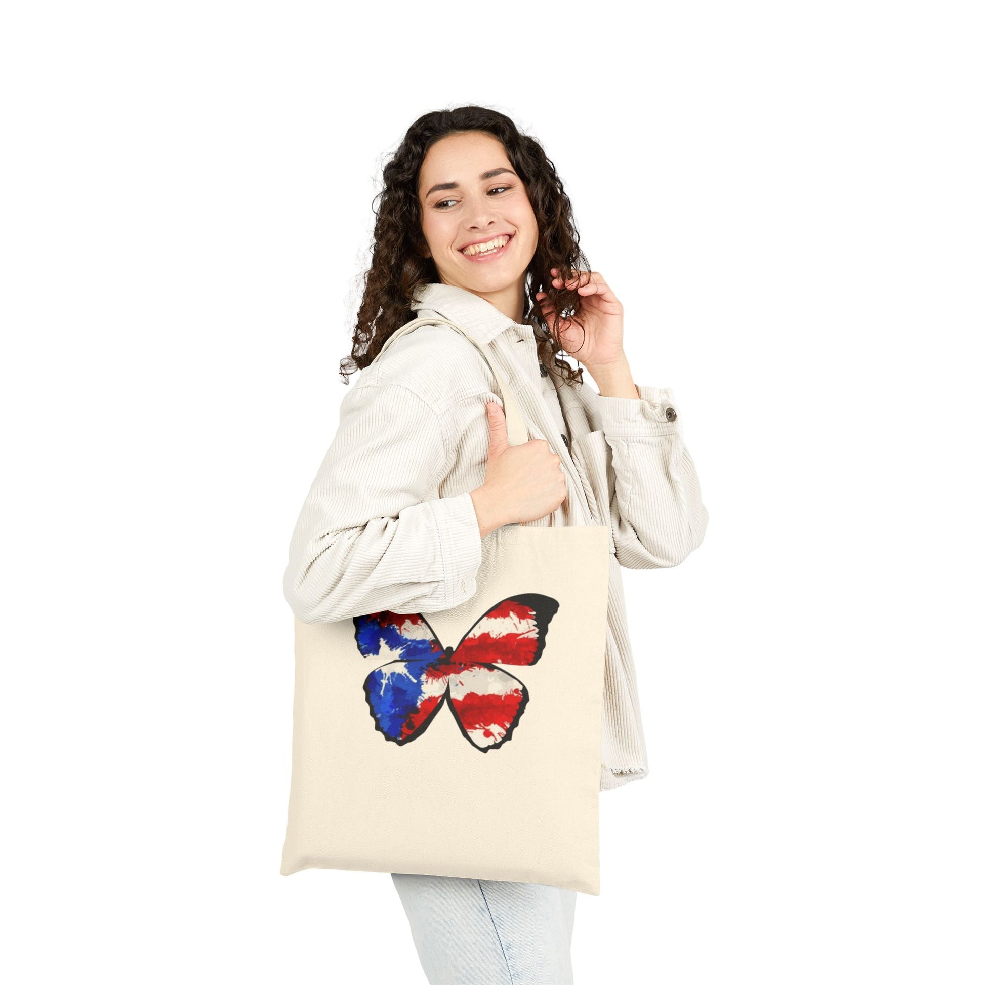 Carry Your Culture – Puerto Rican Pride in Every Step Patriotic Butterfly Cotton Canvas Tote Bag: Eco - Friendly Grocery, Beach, School, or Gift Bag, USA Flag Design - Metamorphosis Creations