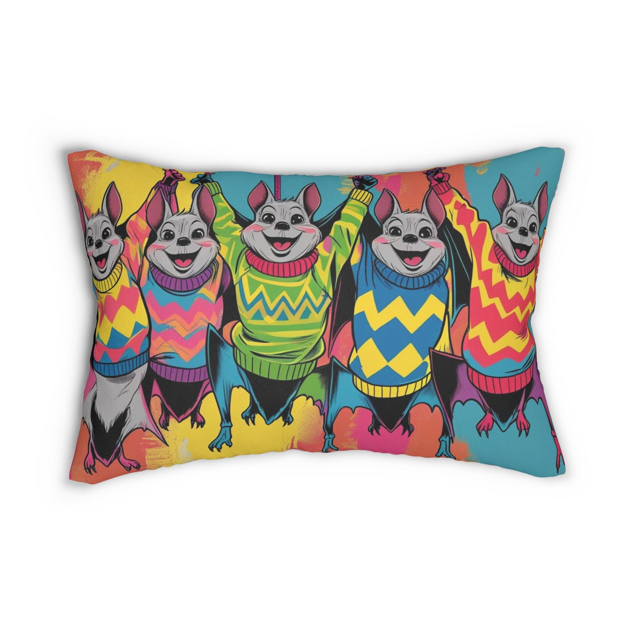 Colorful Cartoon Bat Pillow, Fun Home Decor, Great Gift for Kids, Vibrant Accent, Halloween, Whimsical Animal Art, Cozy Lumbar Cushion - Metamorphosis Creations