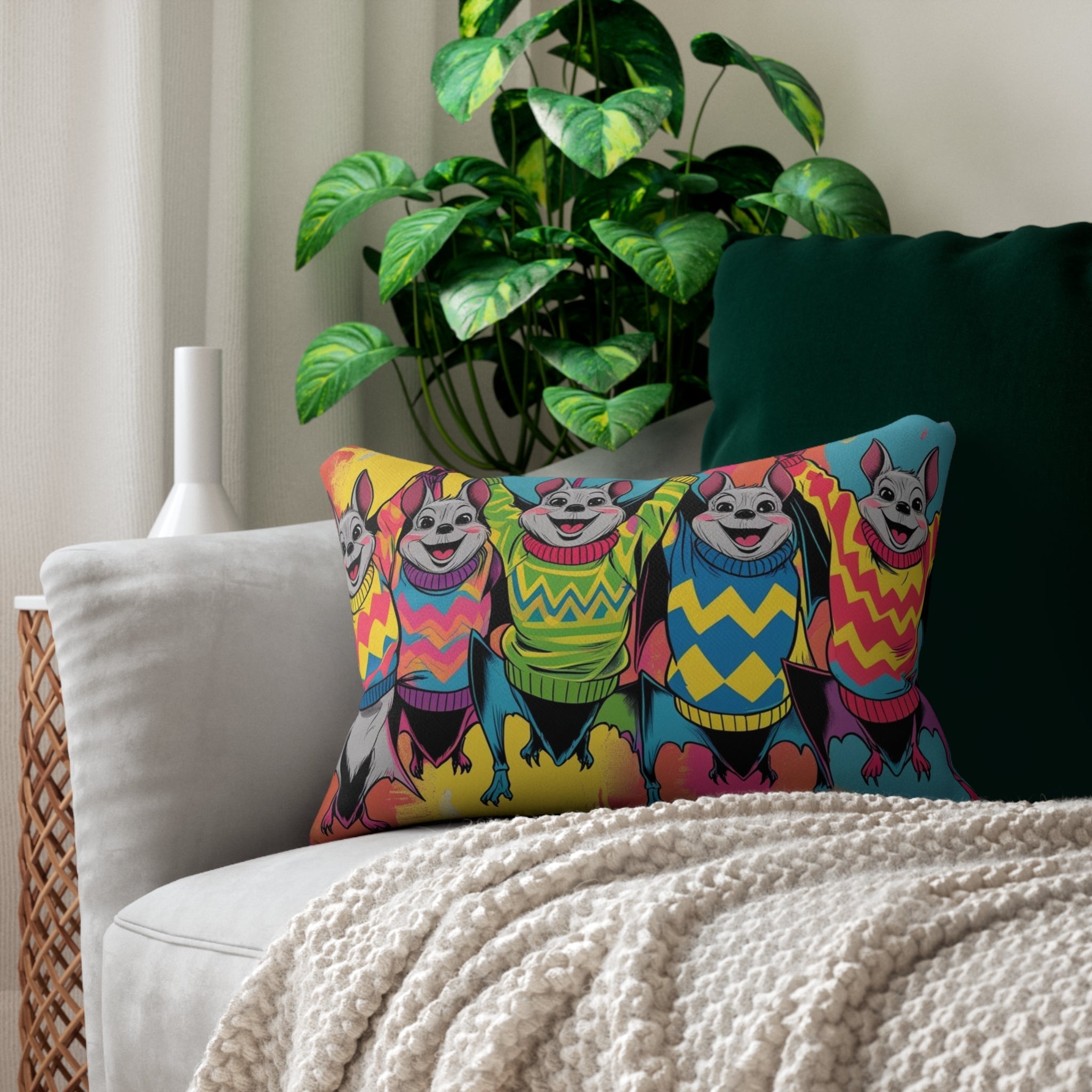 Colorful Cartoon Bat Pillow, Fun Home Decor, Great Gift for Kids, Vibrant Accent, Halloween, Whimsical Animal Art, Cozy Lumbar Cushion - Metamorphosis Creations