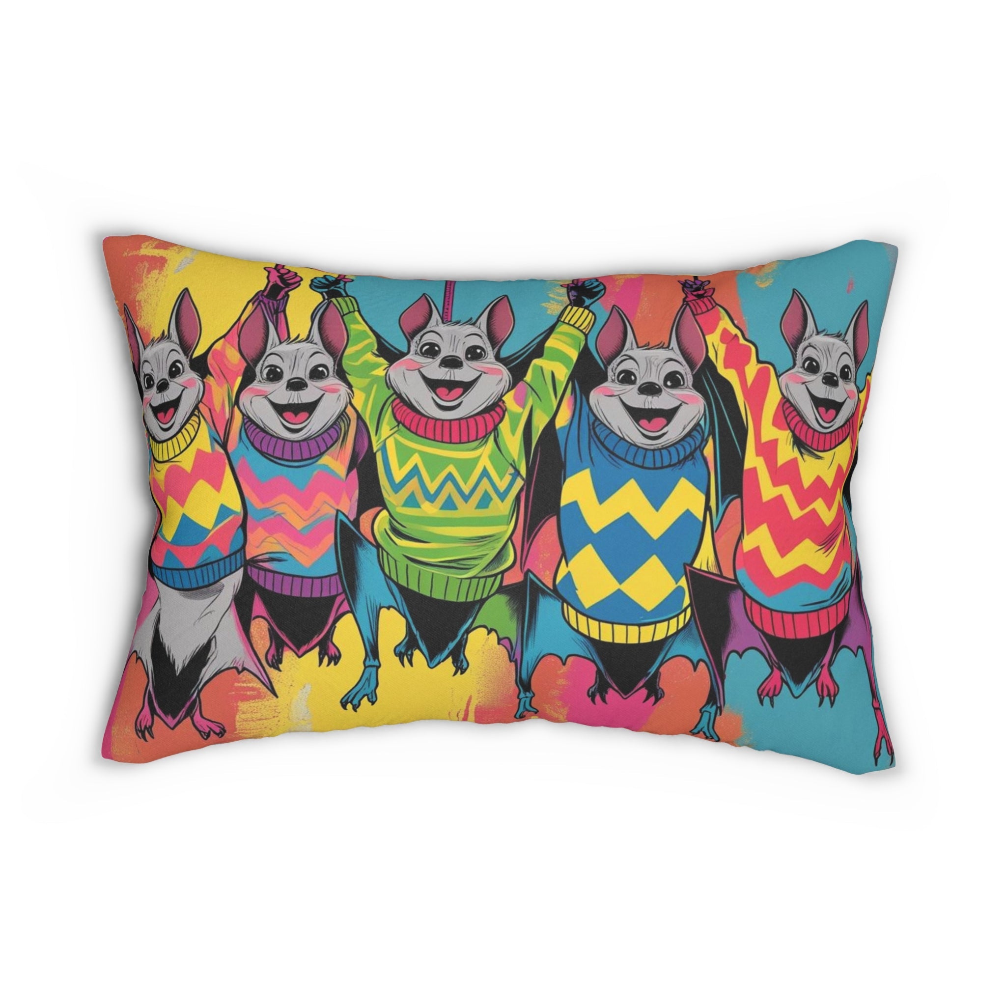 Colorful Cartoon Bat Pillow, Fun Home Decor, Great Gift for Kids, Vibrant Accent, Halloween, Whimsical Animal Art, Cozy Lumbar Cushion - Metamorphosis Creations