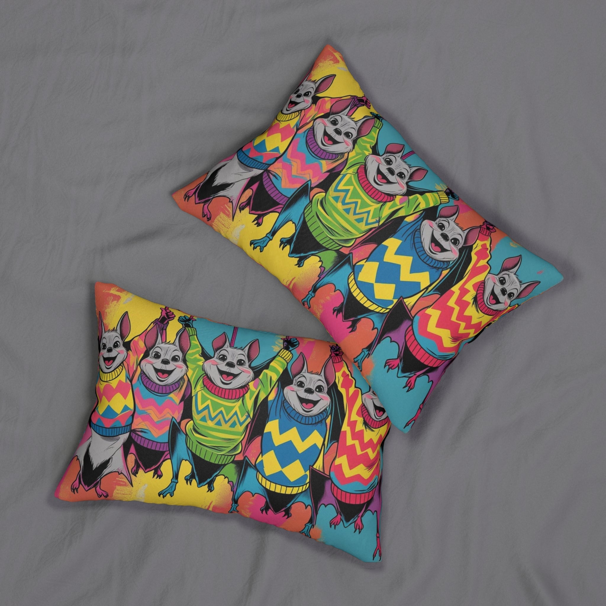 Colorful Cartoon Bat Pillow, Fun Home Decor, Great Gift for Kids, Vibrant Accent, Halloween, Whimsical Animal Art, Cozy Lumbar Cushion - Metamorphosis Creations