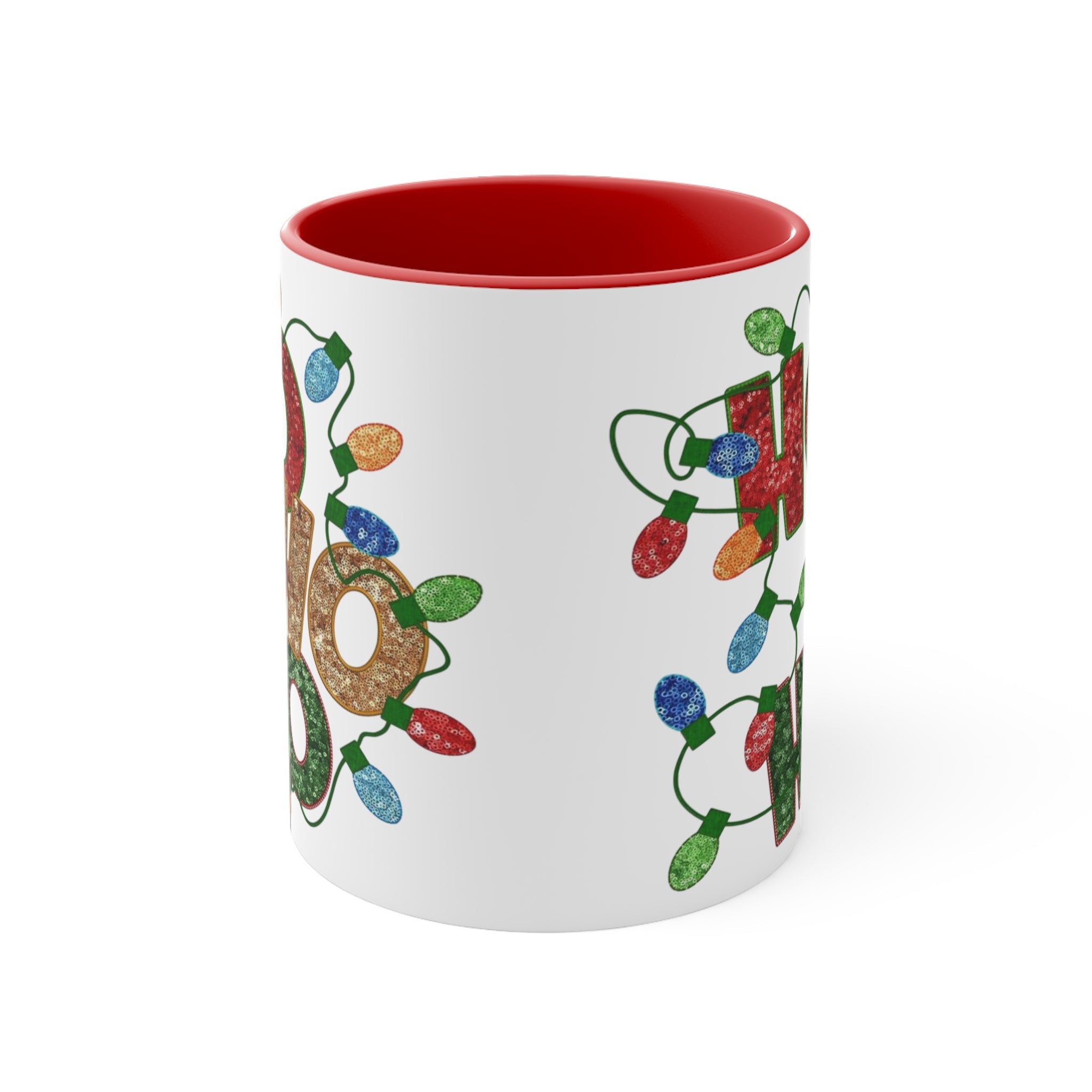 Colorful Holiday Accent Mug, Ho Ho Ho Christmas Coffee Cup, Festive Drinkware, Gift for Him or Her, Decor for Winter Celebrations - Metamorphosis Creations