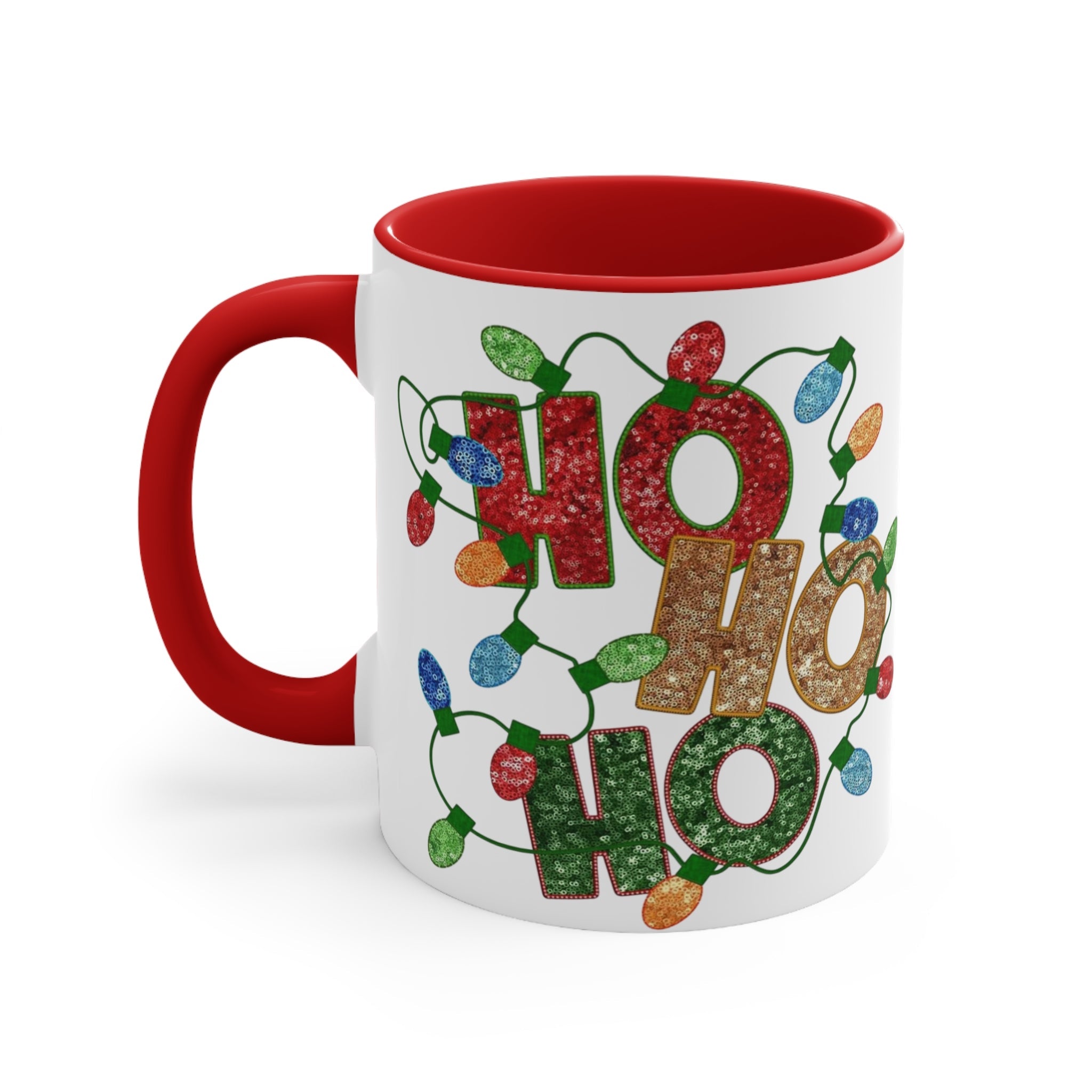 Colorful Holiday Accent Mug, Ho Ho Ho Christmas Coffee Cup, Festive Drinkware, Gift for Him or Her, Decor for Winter Celebrations - Metamorphosis Creations