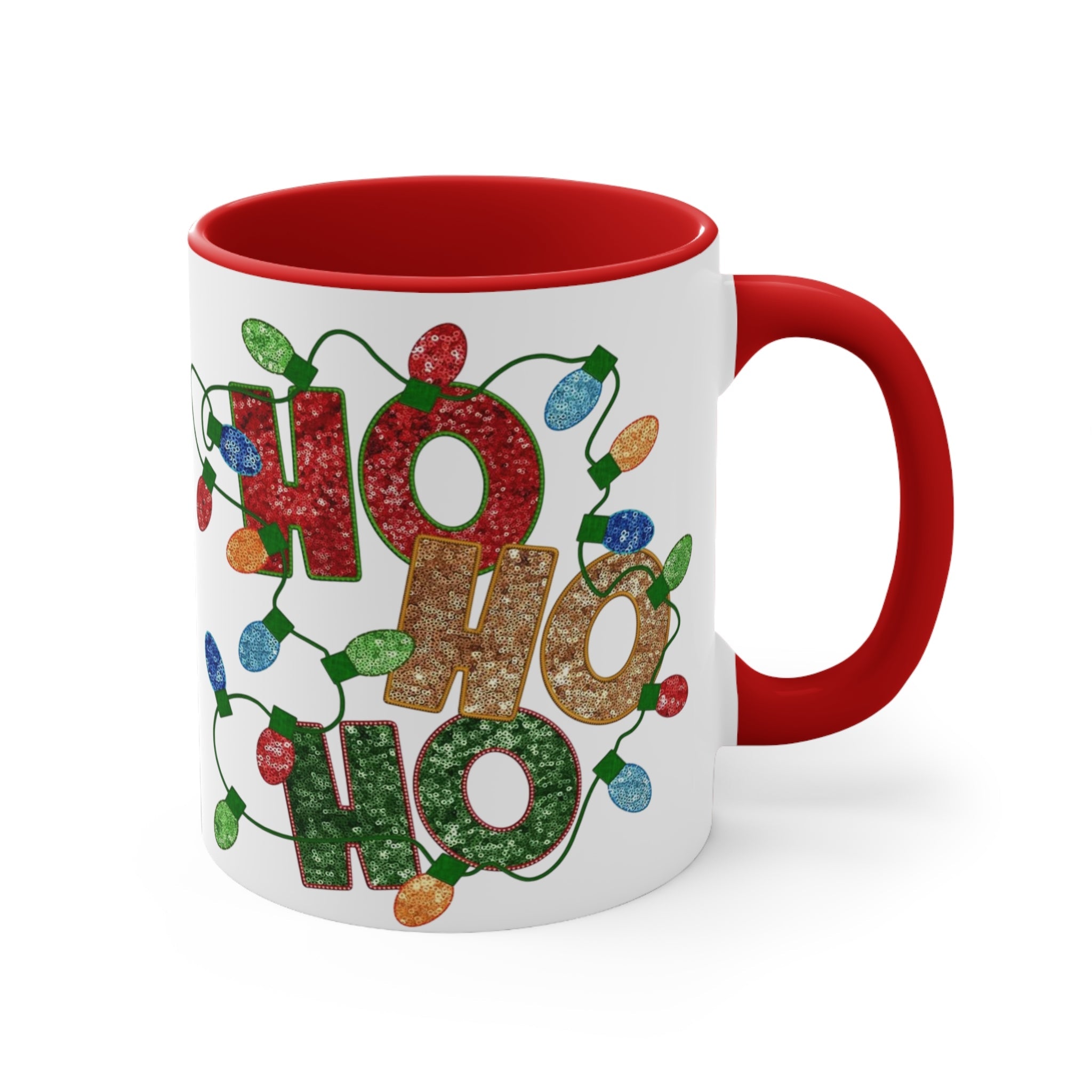 Colorful Holiday Accent Mug, Ho Ho Ho Christmas Coffee Cup, Festive Drinkware, Gift for Him or Her, Decor for Winter Celebrations - Metamorphosis Creations
