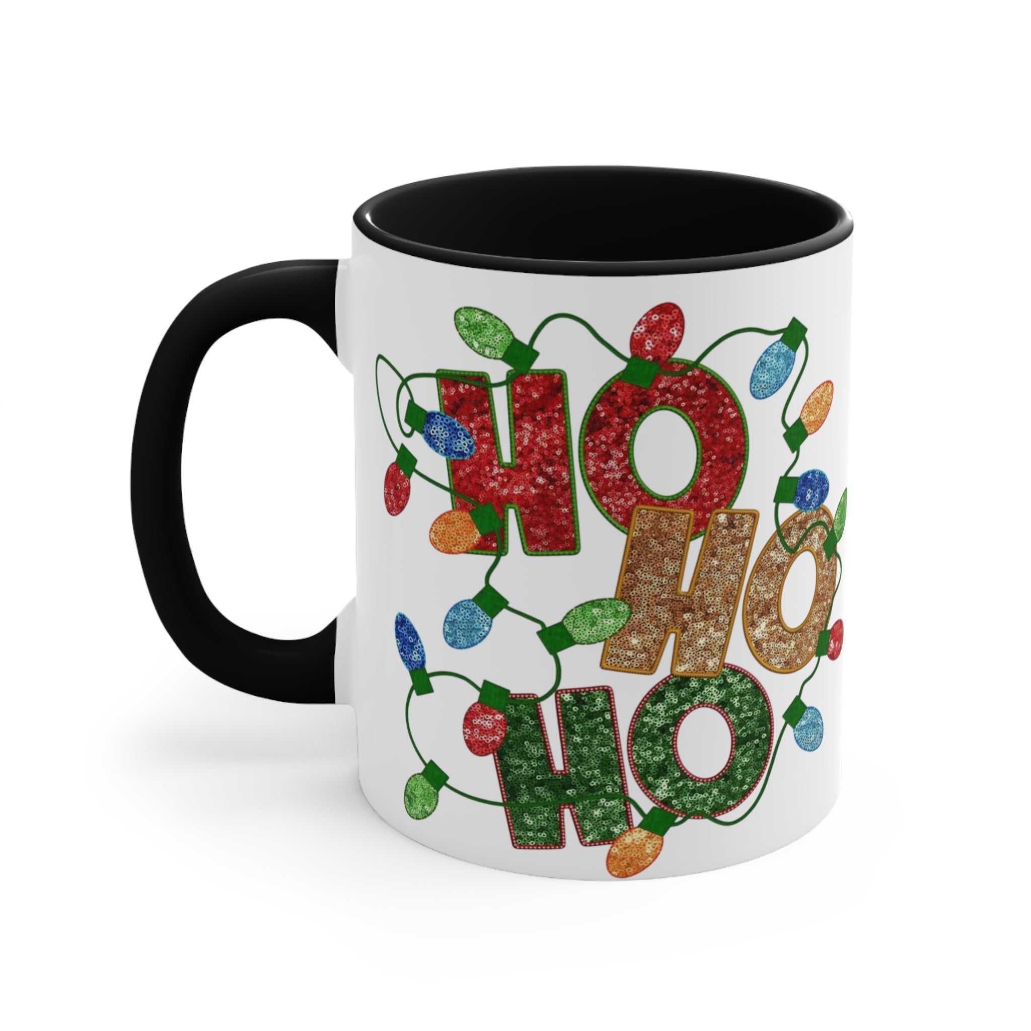 Colorful Holiday Accent Mug, Ho Ho Ho Christmas Coffee Cup, Festive Drinkware, Gift for Him or Her, Decor for Winter Celebrations - Metamorphosis Creations
