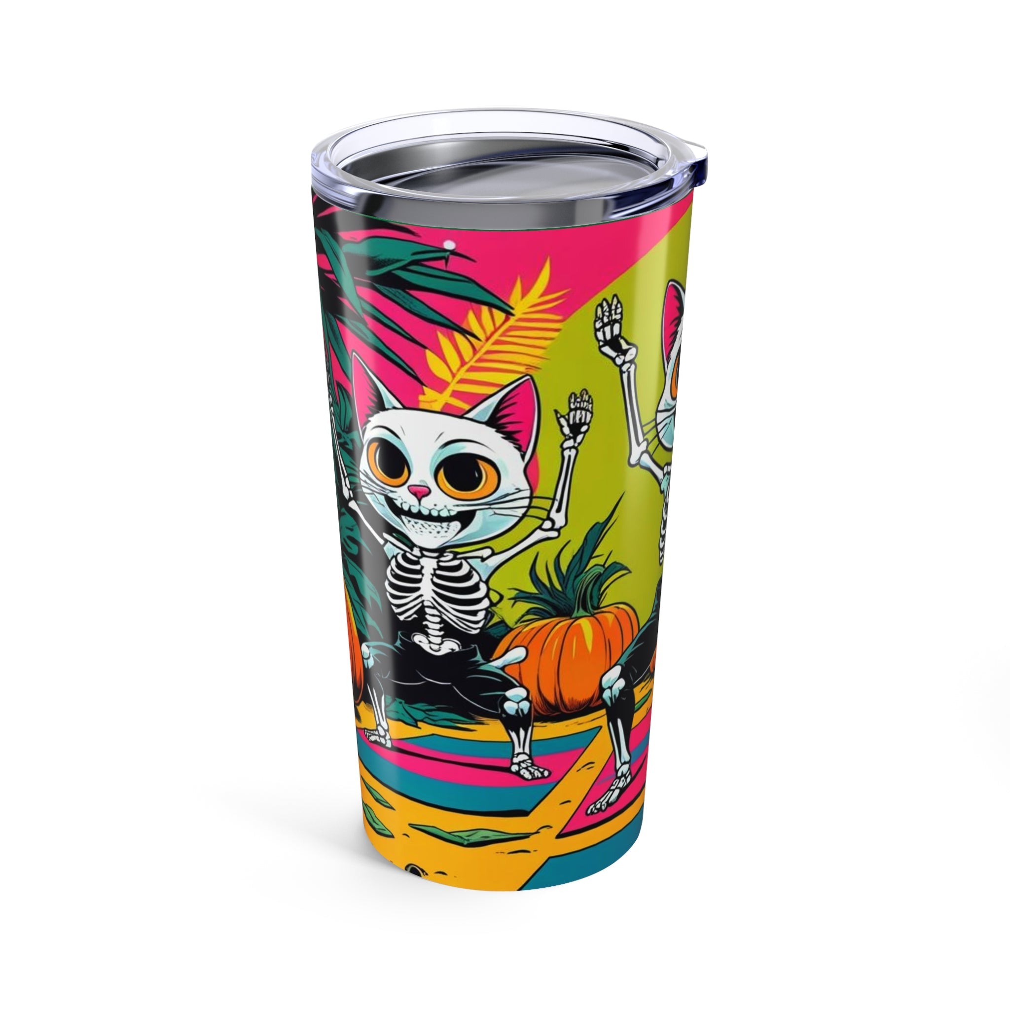 Colorful Skeleton Cat Tumbler 20oz | Halloween Travel Mug | Spooky Drinkware | Fun Cat Lover Gift | Party Accessory - Metamorphosis Creations