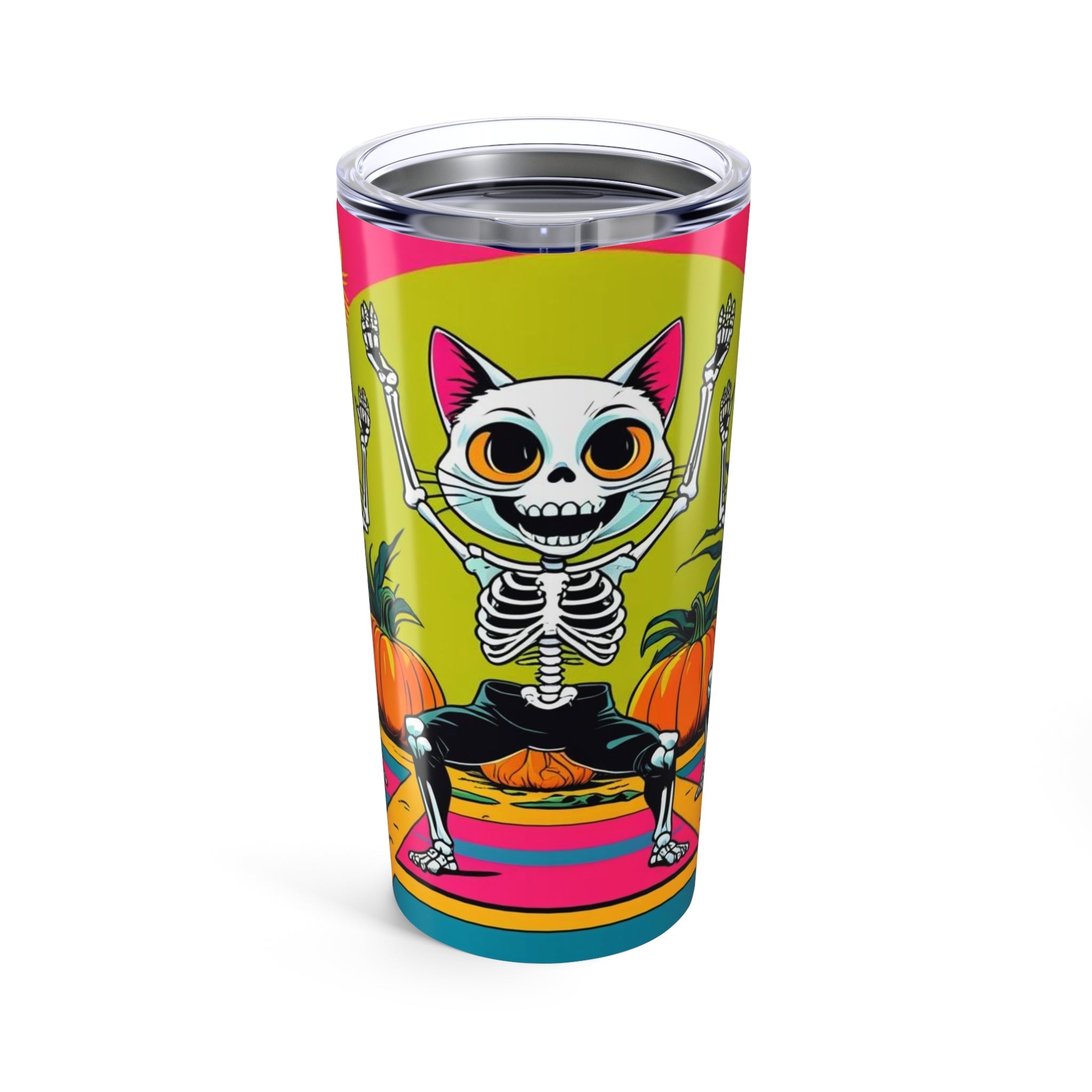 Colorful Skeleton Cat Tumbler 20oz | Halloween Travel Mug | Spooky Drinkware | Fun Cat Lover Gift | Party Accessory - Metamorphosis Creations