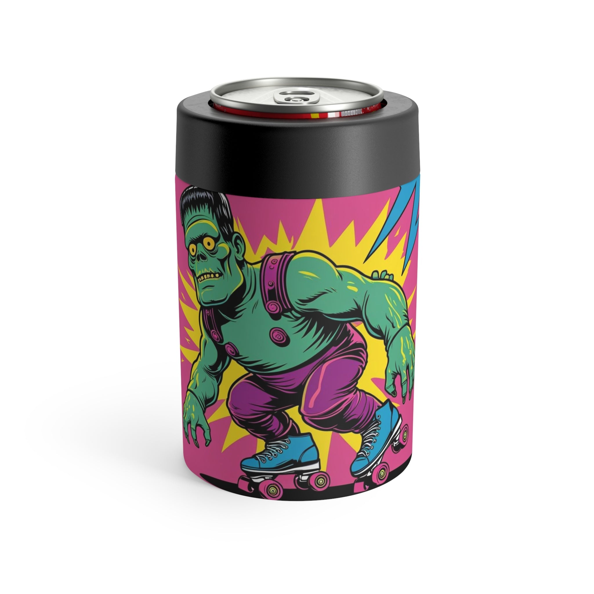 Colorful Skeleton Cat Tumbler Cool Retro Can Holder with Skateboarding Monster Character, Fun Gift for Parties and Celebrations, Keep Your Drinks Chill - Metamorphosis Creations