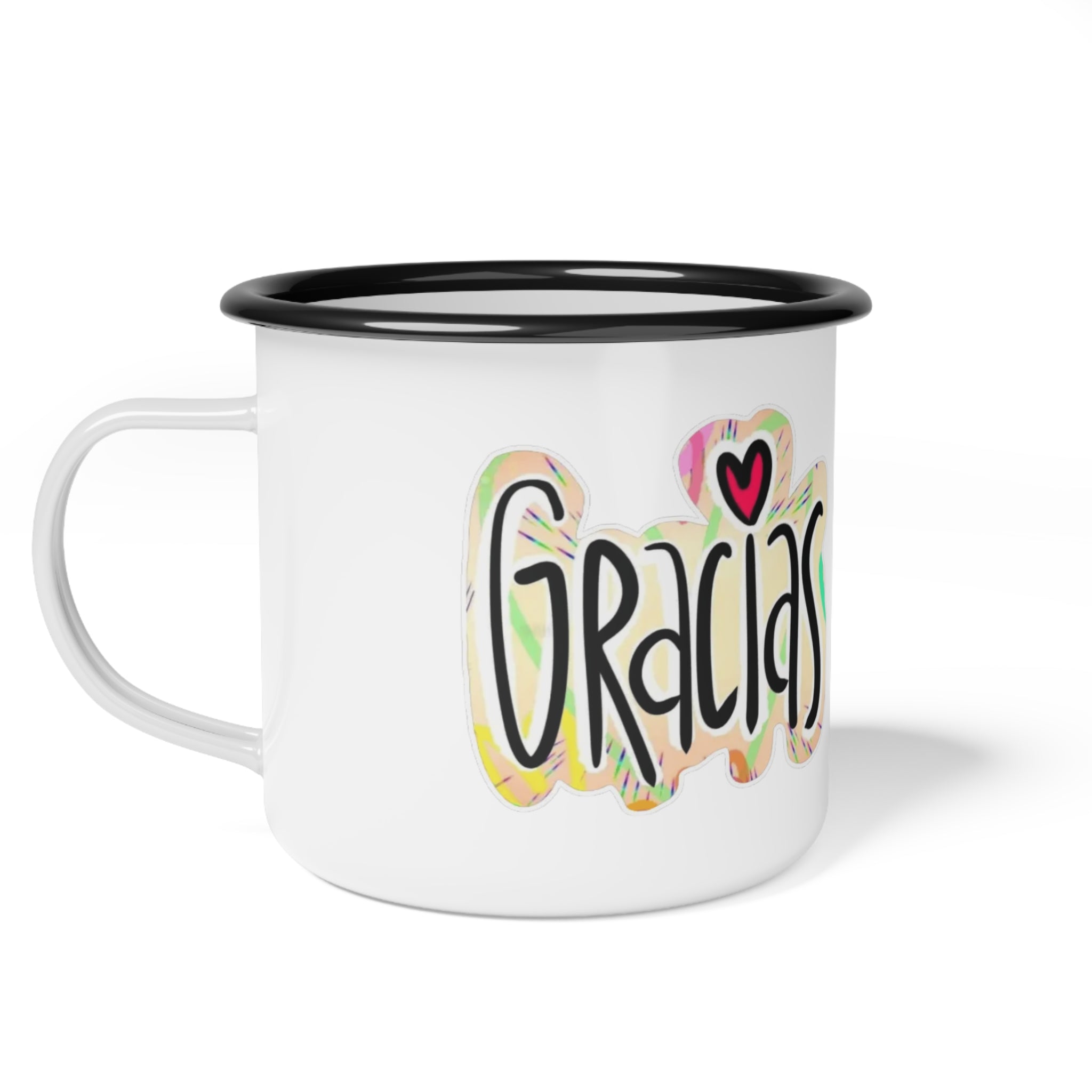 Comienza tu día con intención.Colorful Gracias Enamel Camp Cup, Outdoor Mug, Gift for Campers, Travel Mug, Coffee Cup, Gratitude Gift - Metamorphosis Creations