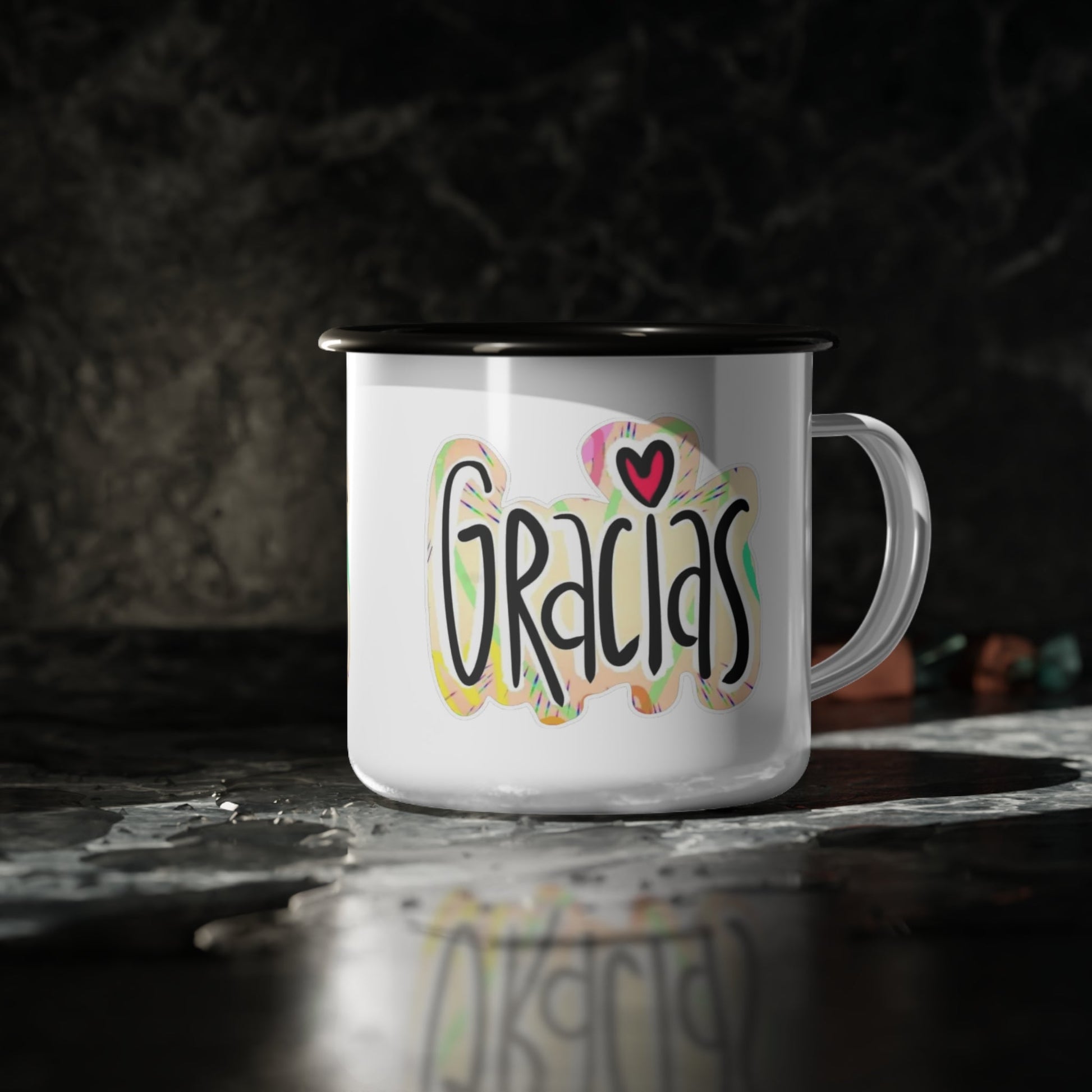 Comienza tu día con intención.Colorful Gracias Enamel Camp Cup, Outdoor Mug, Gift for Campers, Travel Mug, Coffee Cup, Gratitude Gift - Metamorphosis Creations