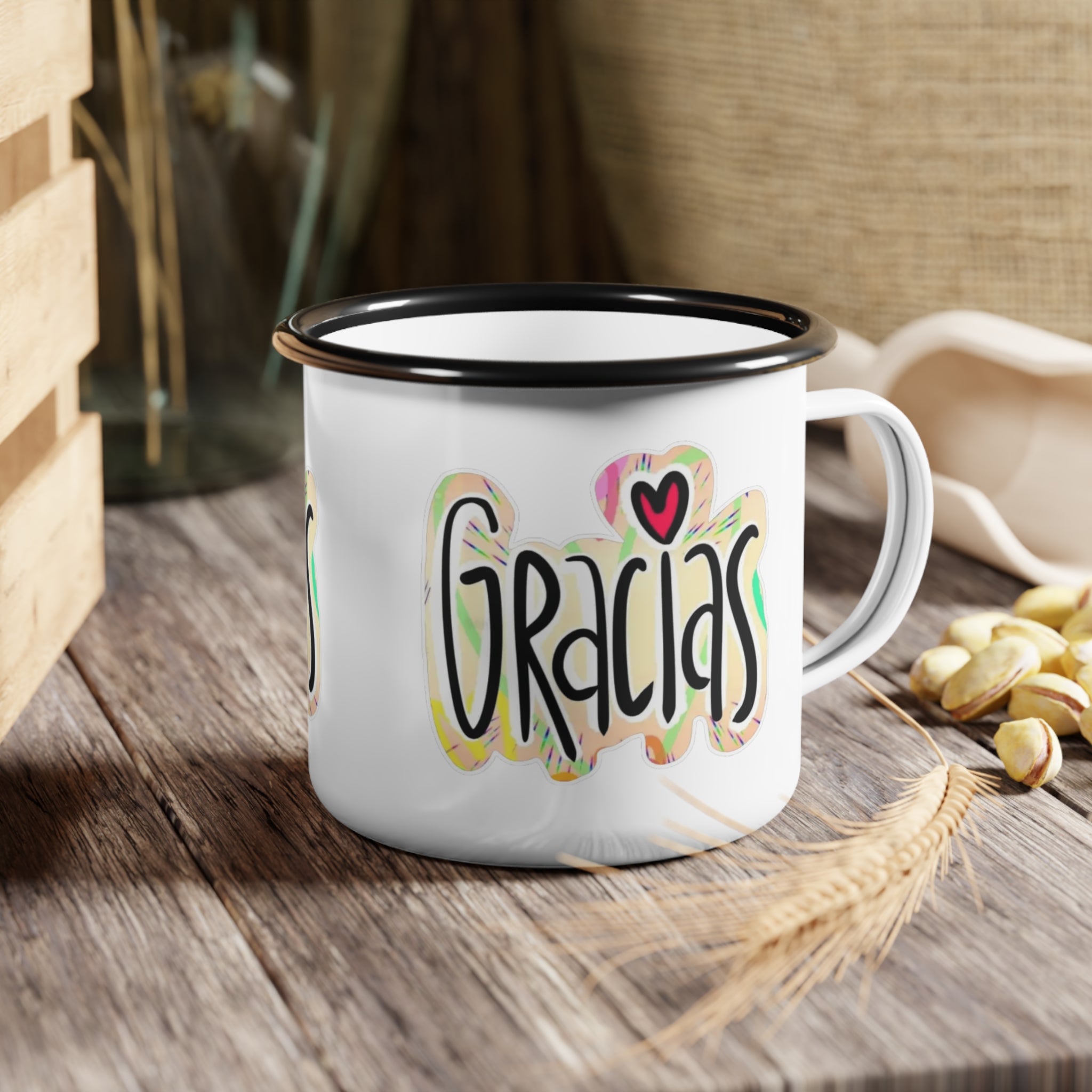 Comienza tu día con intención.Colorful Gracias Enamel Camp Cup, Outdoor Mug, Gift for Campers, Travel Mug, Coffee Cup, Gratitude Gift - Metamorphosis Creations