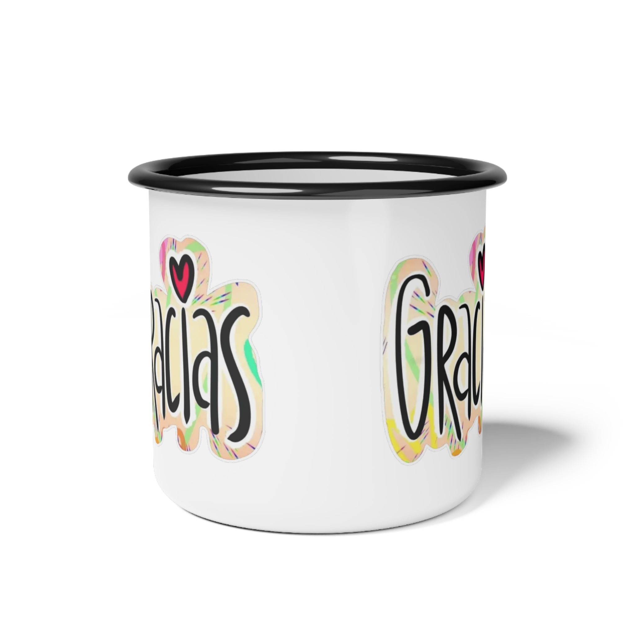 Comienza tu día con intención.Colorful Gracias Enamel Camp Cup, Outdoor Mug, Gift for Campers, Travel Mug, Coffee Cup, Gratitude Gift - Metamorphosis Creations
