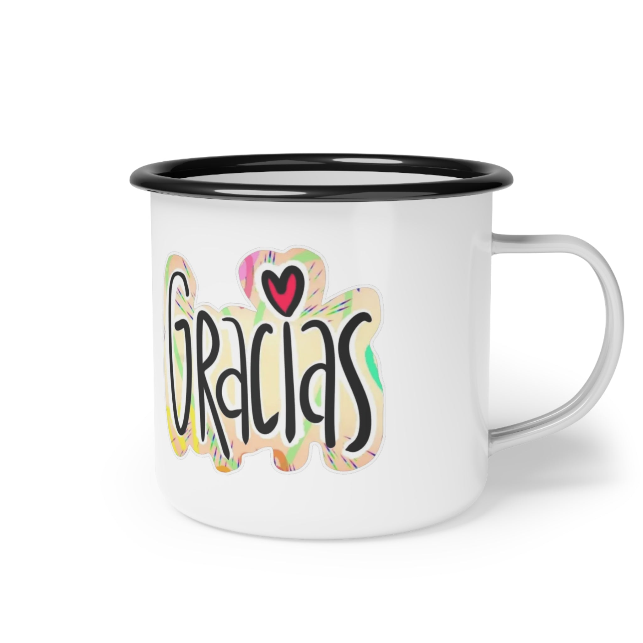 Comienza tu día con intención.Colorful Gracias Enamel Camp Cup, Outdoor Mug, Gift for Campers, Travel Mug, Coffee Cup, Gratitude Gift - Metamorphosis Creations
