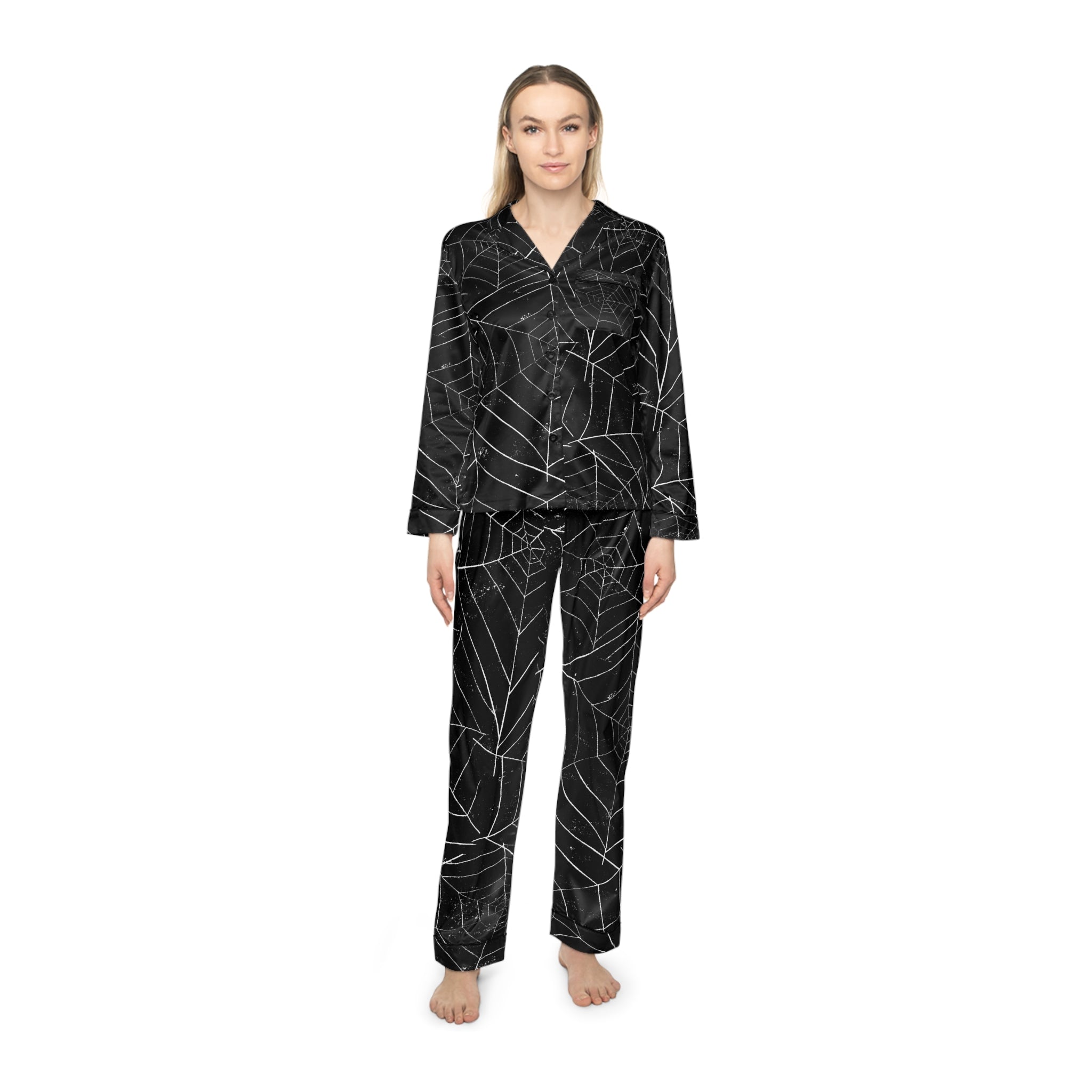Cozy Halloween Pajamas Women's Spider Web Satin Pajamas, Luxurious Sleepwear, Cozy Loungewear, Halloween Nightwear, Elegant Gift for Her - Metamorphosis Creations