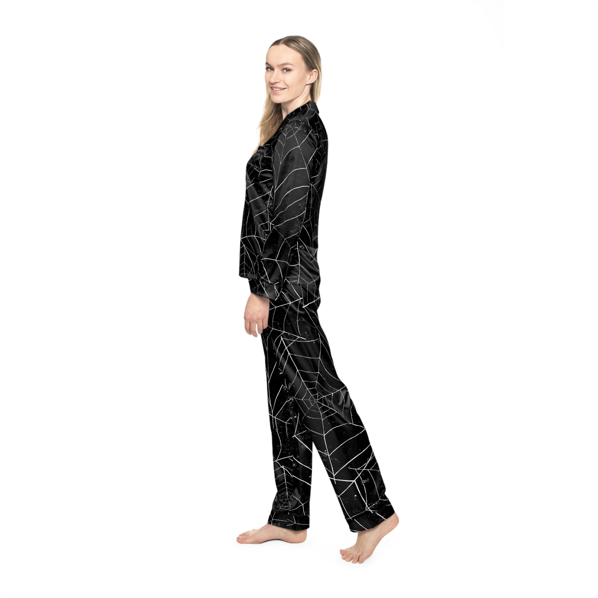 Cozy Halloween Pajamas Women's Spider Web Satin Pajamas, Luxurious Sleepwear, Cozy Loungewear, Halloween Nightwear, Elegant Gift for Her - Metamorphosis Creations