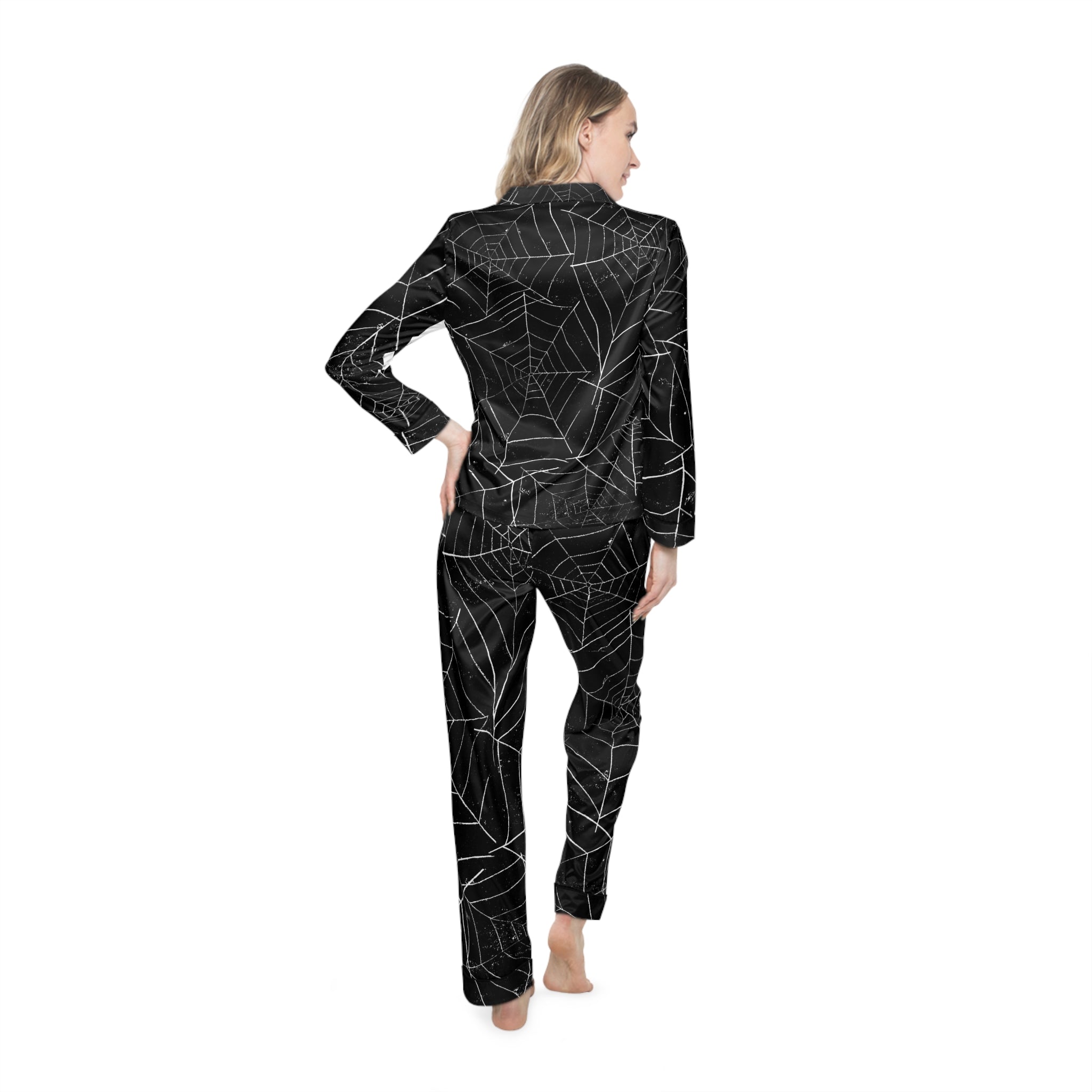 Cozy Halloween Pajamas Women's Spider Web Satin Pajamas, Luxurious Sleepwear, Cozy Loungewear, Halloween Nightwear, Elegant Gift for Her - Metamorphosis Creations