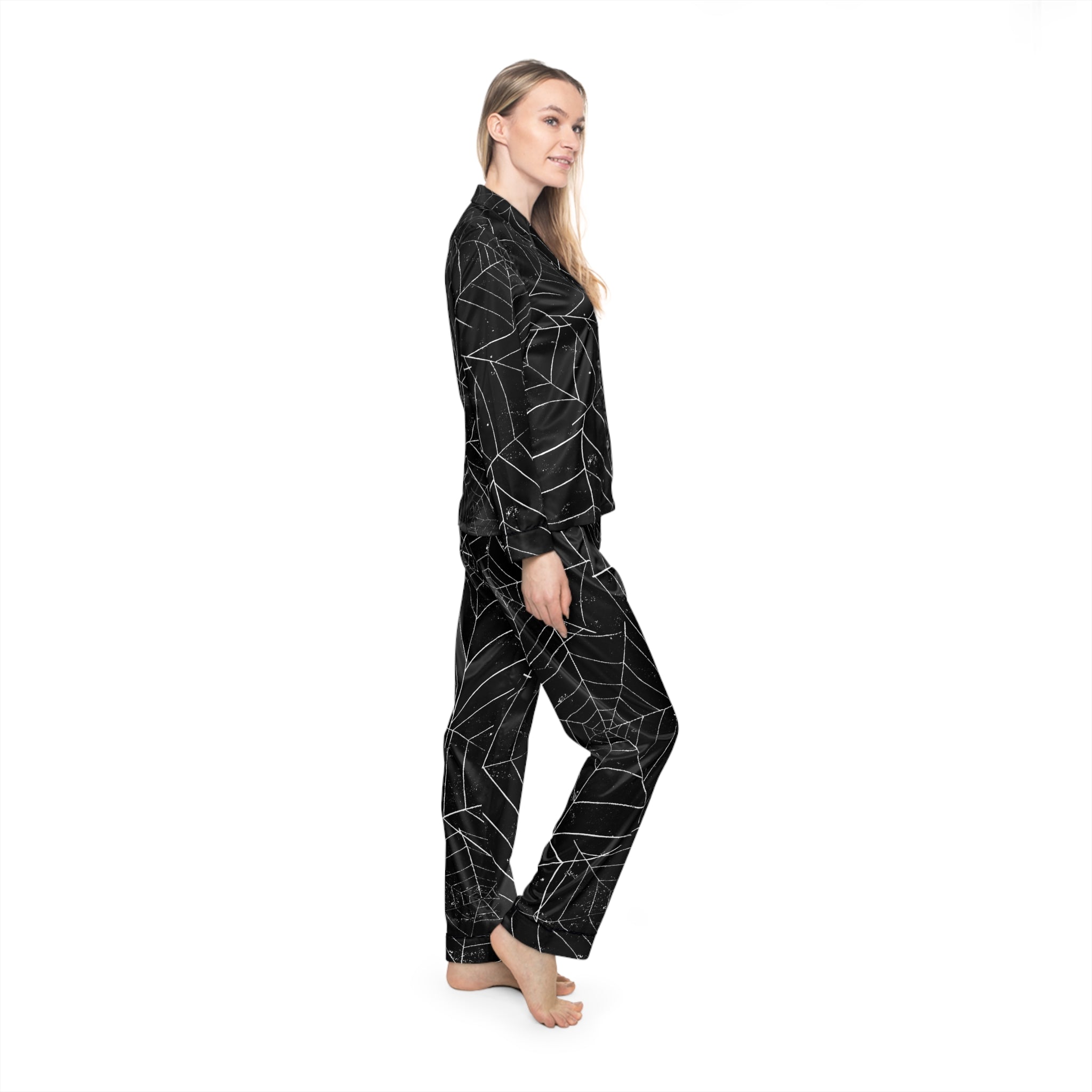 Cozy Halloween Pajamas Women's Spider Web Satin Pajamas, Luxurious Sleepwear, Cozy Loungewear, Halloween Nightwear, Elegant Gift for Her - Metamorphosis Creations
