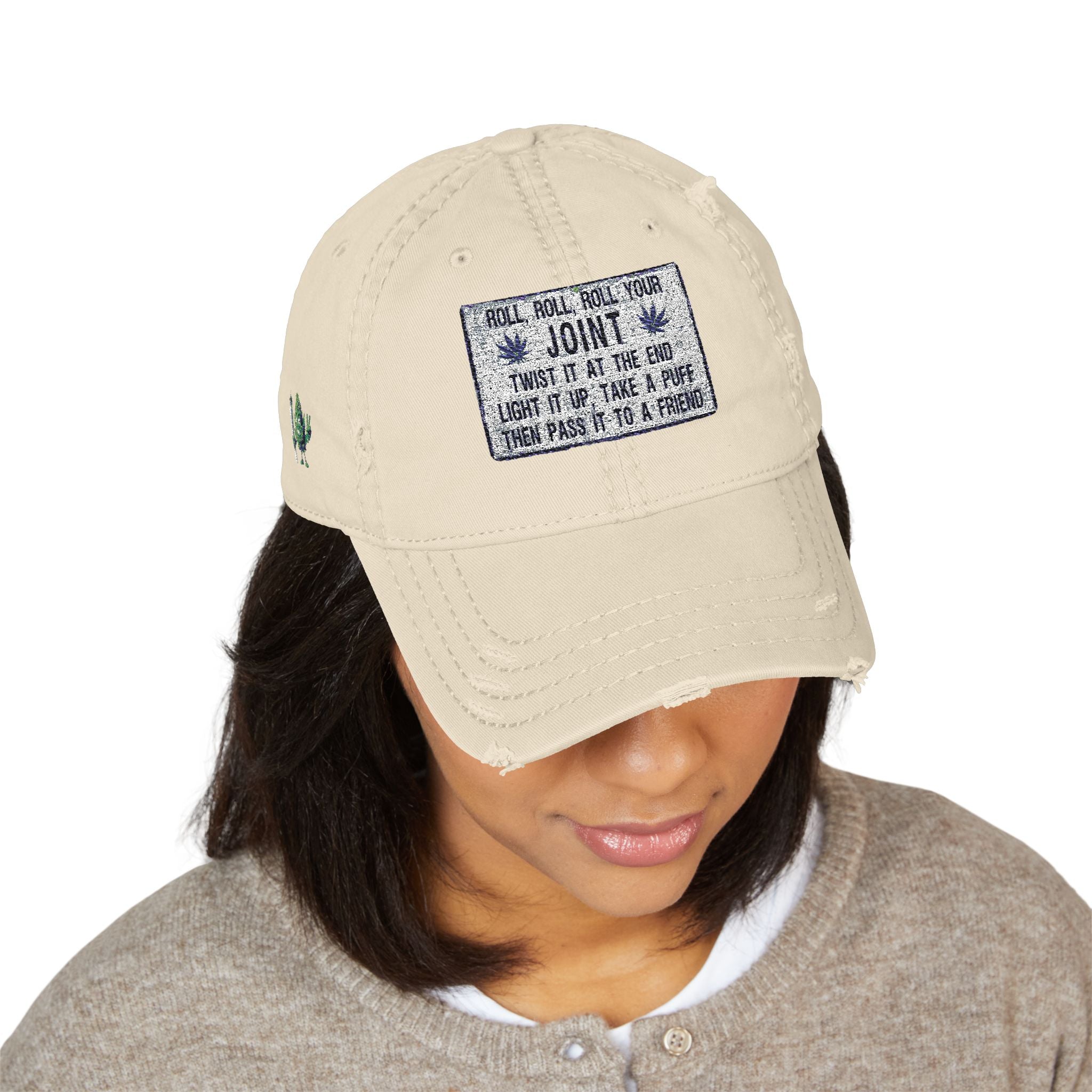 Distressed Hat with Embroidered Joint Design, Casual Cap for Cannabis Lovers, Gift for Stoners, Relaxed Fit Hat - Metamorphosis Creations