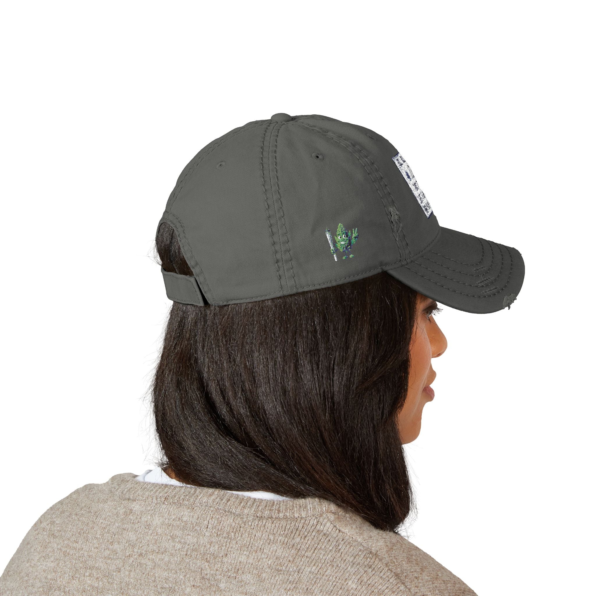 Distressed Hat with Embroidered Joint Design, Casual Cap for Cannabis Lovers, Gift for Stoners, Relaxed Fit Hat - Metamorphosis Creations