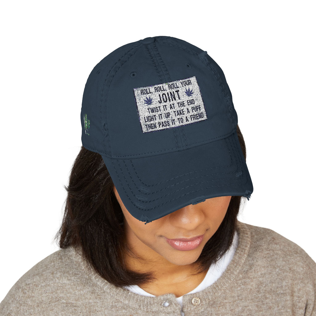 Distressed Hat with Embroidered Joint Design, Casual Cap for Cannabis Lovers, Gift for Stoners, Relaxed Fit Hat - Metamorphosis Creations