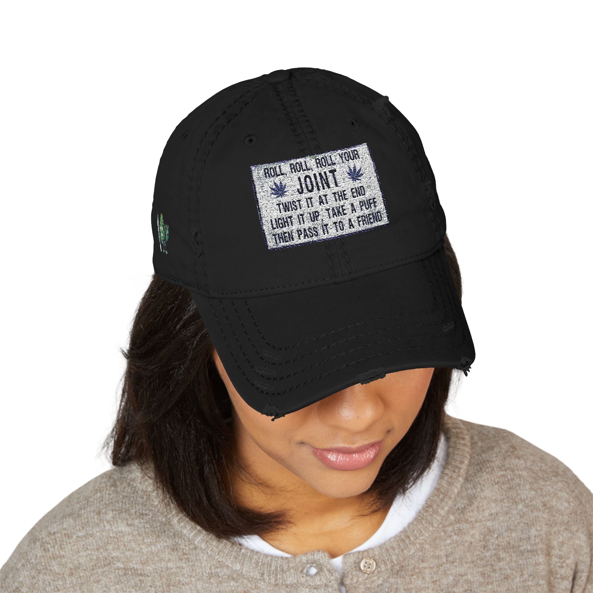 Distressed Hat with Embroidered Joint Design, Casual Cap for Cannabis Lovers, Gift for Stoners, Relaxed Fit Hat - Metamorphosis Creations