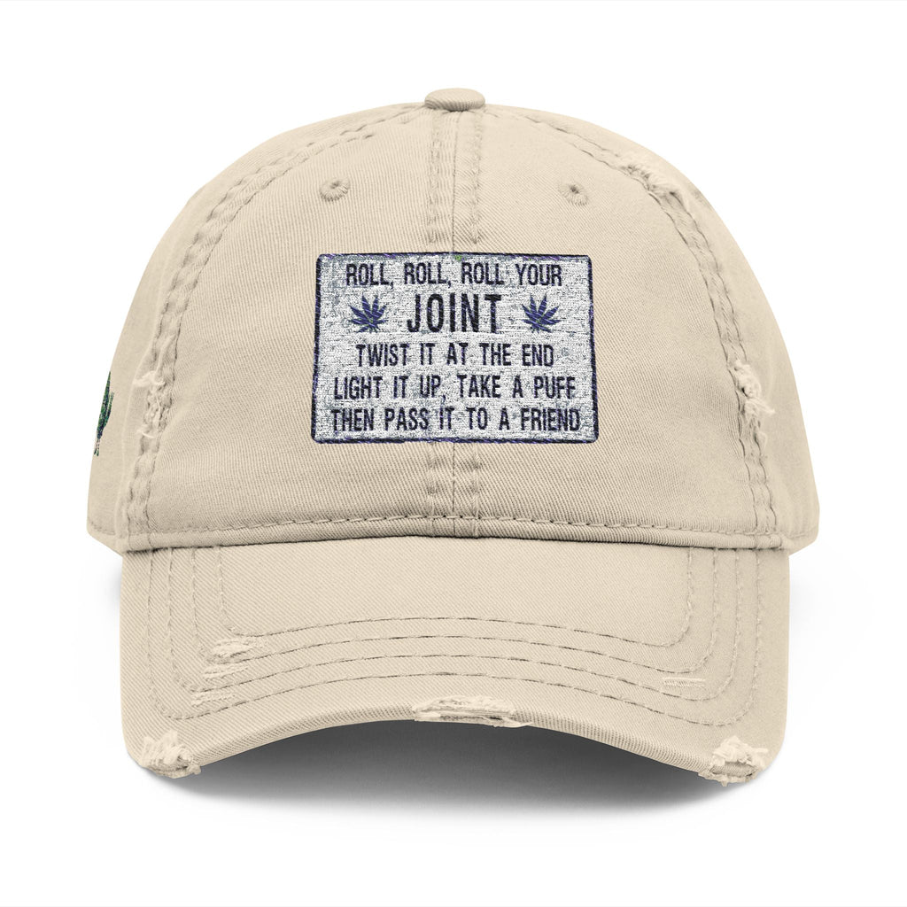 Distressed Hat with Embroidered Joint Design, Casual Cap for Cannabis Lovers, Gift for Stoners, Relaxed Fit Hat - Metamorphosis Creations