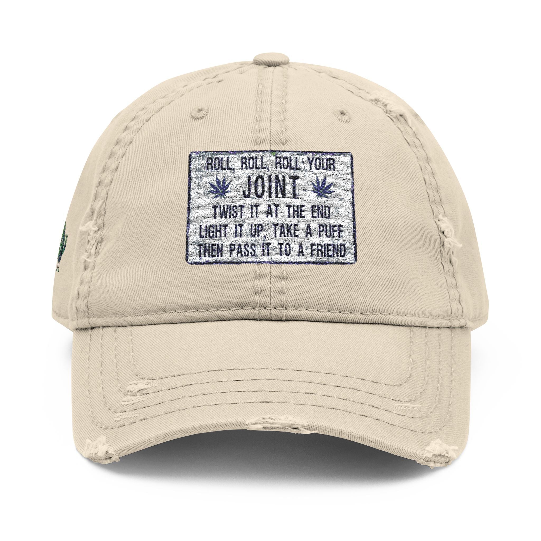 Distressed Hat with Embroidered Joint Design, Casual Cap for Cannabis Lovers, Gift for Stoners, Relaxed Fit Hat - Metamorphosis Creations