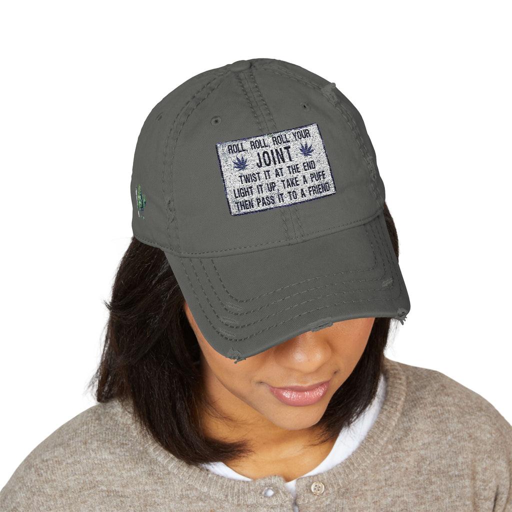 Distressed Hat with Embroidered Joint Design, Casual Cap for Cannabis Lovers, Gift for Stoners, Relaxed Fit Hat - Metamorphosis Creations