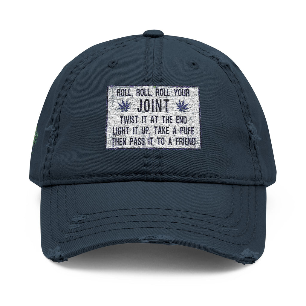 Distressed Hat with Embroidered Joint Design, Casual Cap for Cannabis Lovers, Gift for Stoners, Relaxed Fit Hat - Metamorphosis Creations