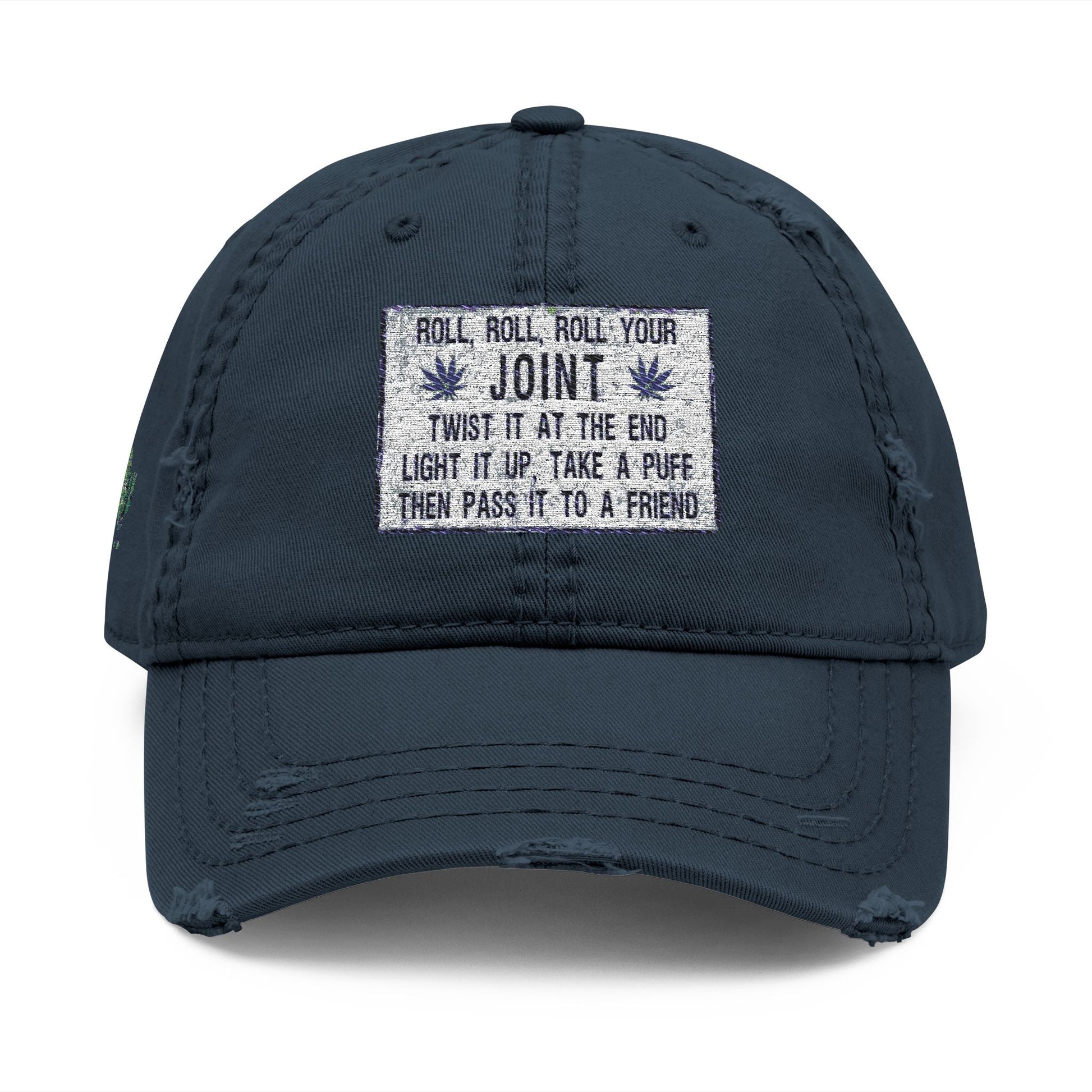 Distressed Hat with Embroidered Joint Design, Casual Cap for Cannabis Lovers, Gift for Stoners, Relaxed Fit Hat - Metamorphosis Creations