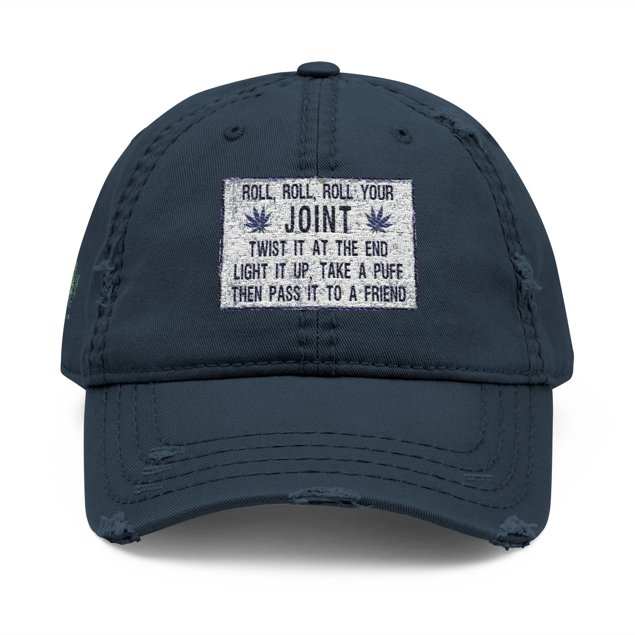 Distressed Hat with Embroidered Joint Design, Casual Cap for Cannabis Lovers, Gift for Stoners, Relaxed Fit Hat - Metamorphosis Creations