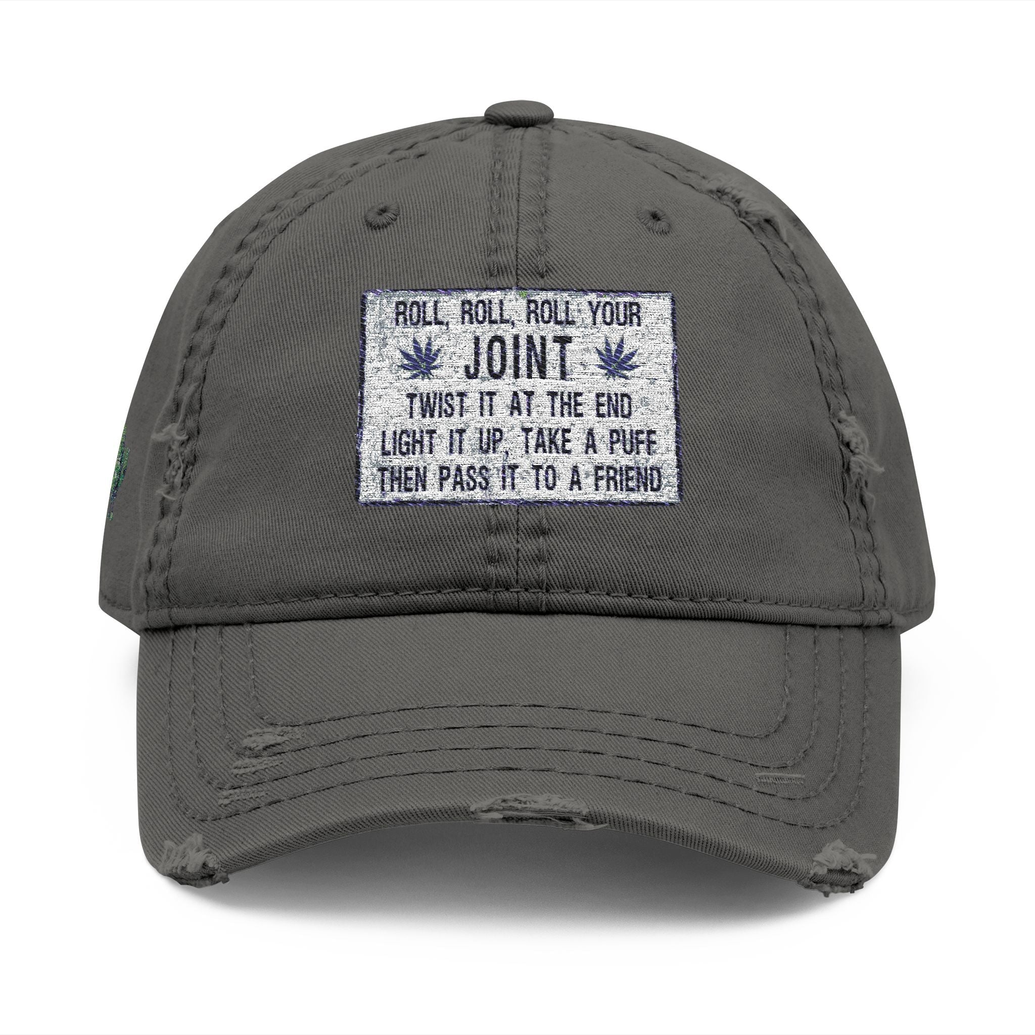 Distressed Hat with Embroidered Joint Design, Casual Cap for Cannabis Lovers, Gift for Stoners, Relaxed Fit Hat - Metamorphosis Creations