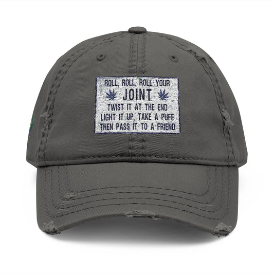Distressed Hat with Embroidered Joint Design, Casual Cap for Cannabis Lovers, Gift for Stoners, Relaxed Fit Hat - Metamorphosis Creations