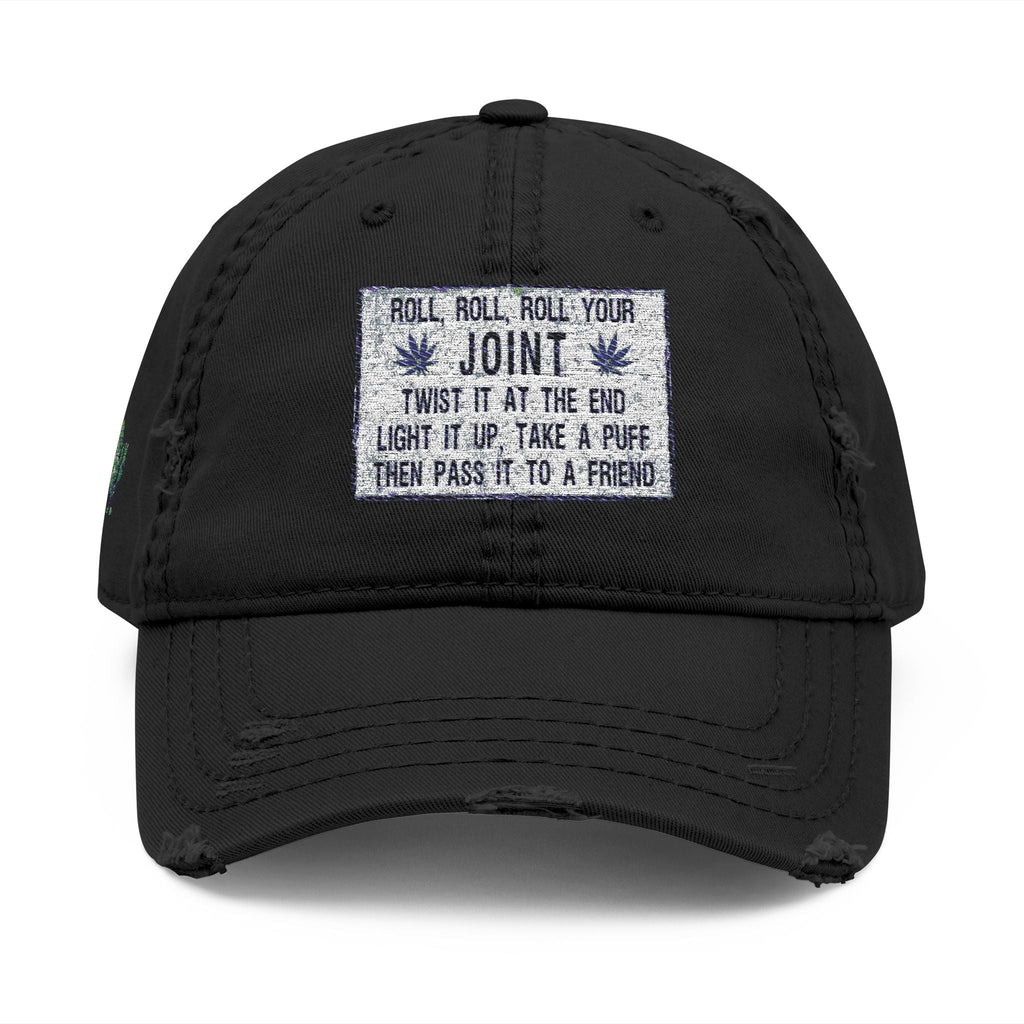 Distressed Hat with Embroidered Joint Design, Casual Cap for Cannabis Lovers, Gift for Stoners, Relaxed Fit Hat - Metamorphosis Creations